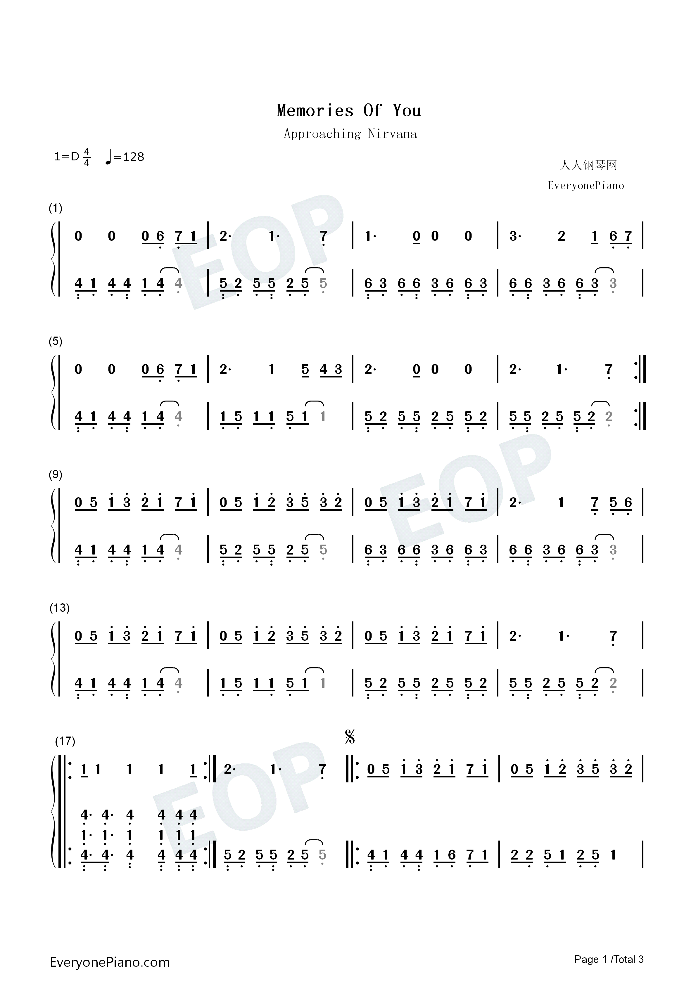 Memories_Of_You钢琴简谱_Approaching_Nirvana演唱
