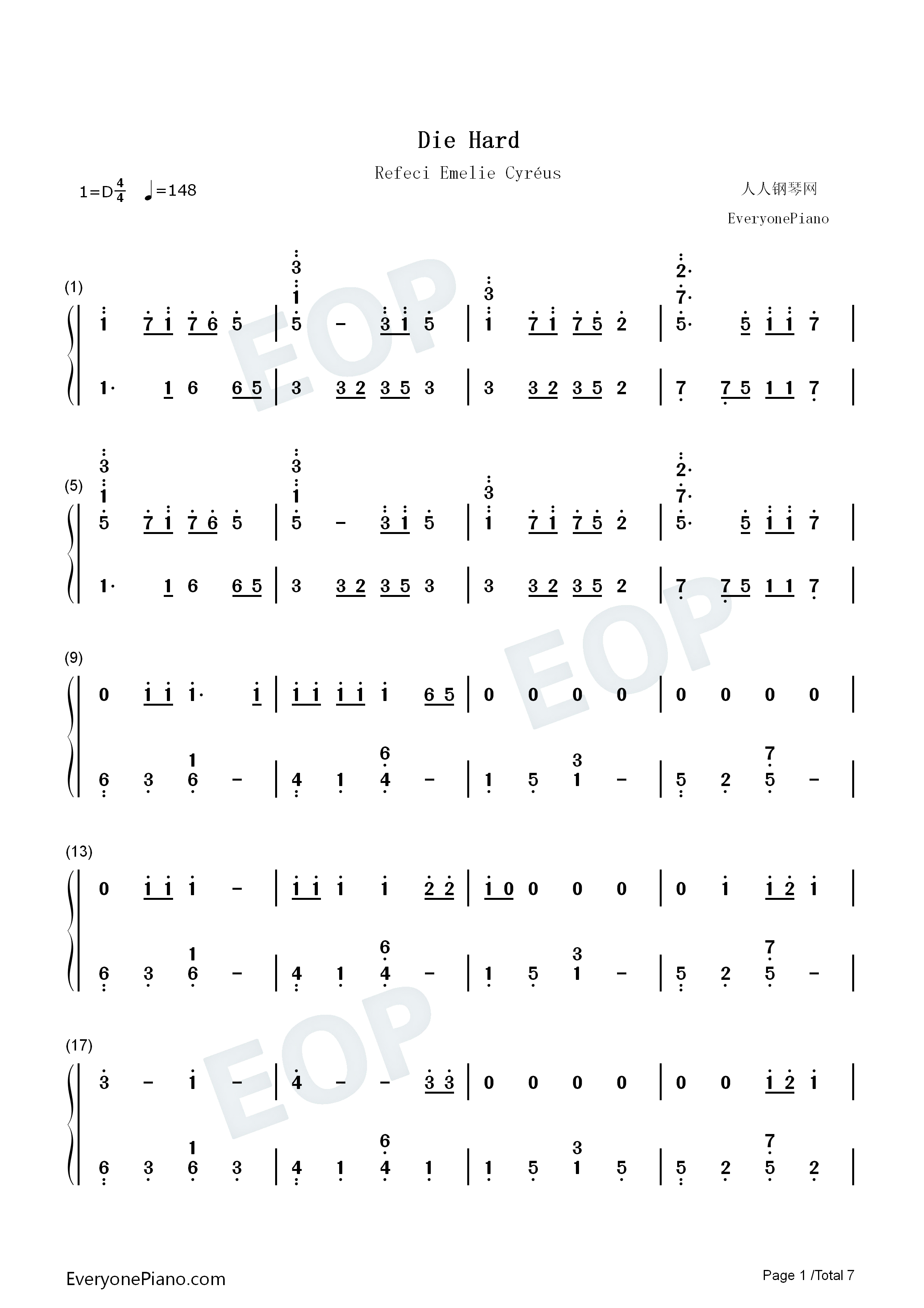Die_Hard钢琴简谱_Refeci_Emelie_Cyréus演唱