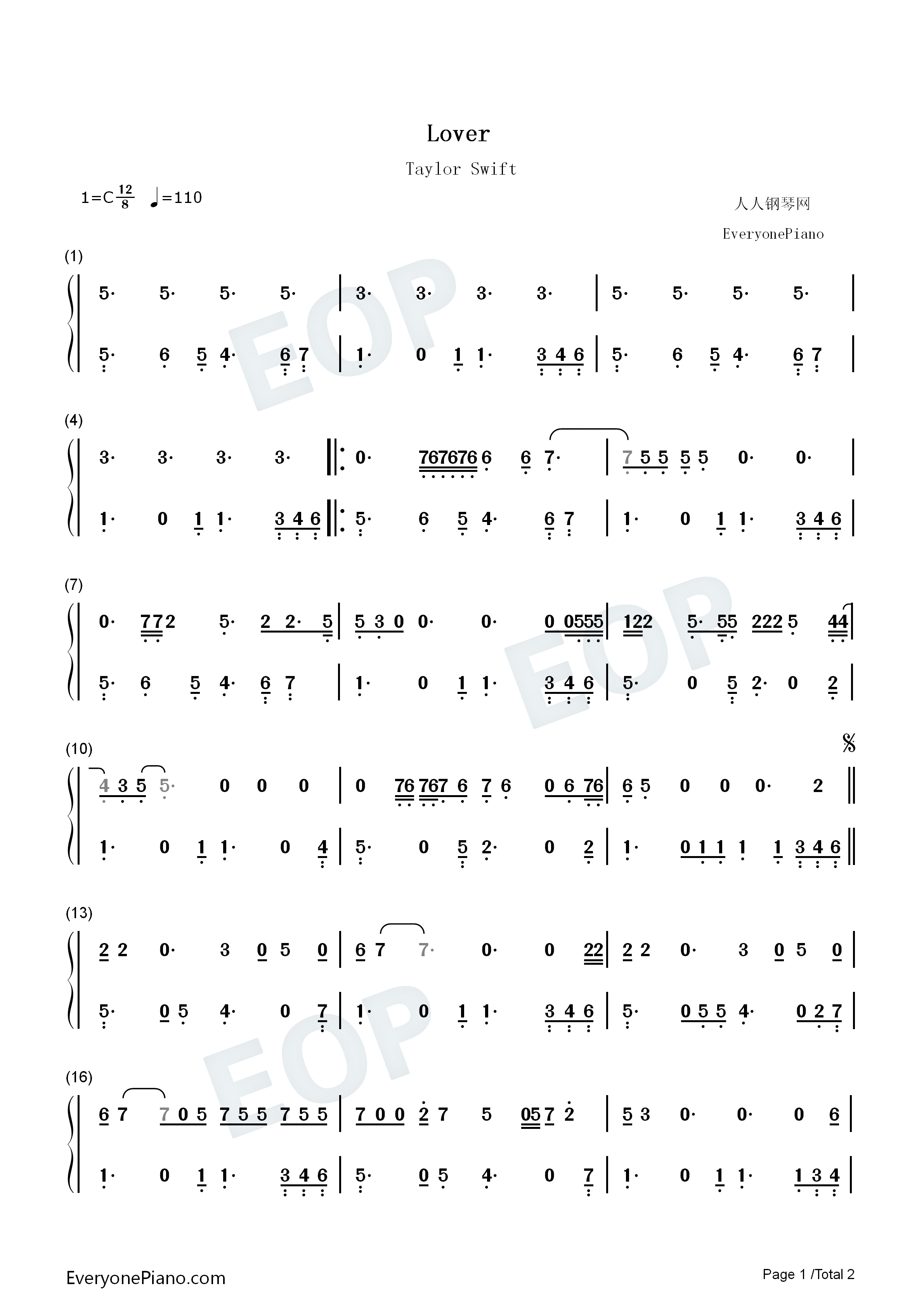 Lover钢琴简谱_Taylor_Swift演唱