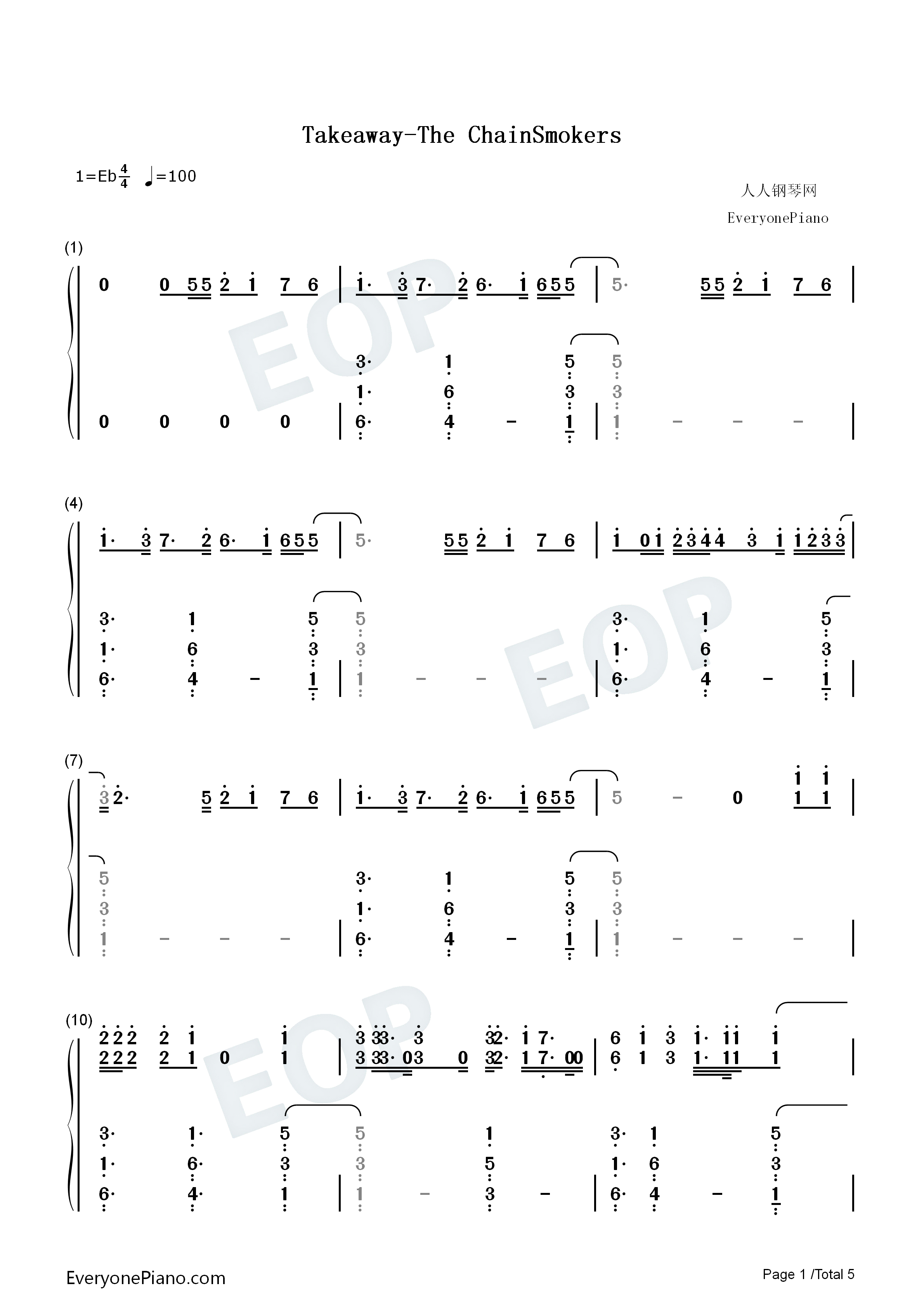 Takeaway钢琴简谱_The_Chainsmokers_Illenium_Lennon_Stella演唱