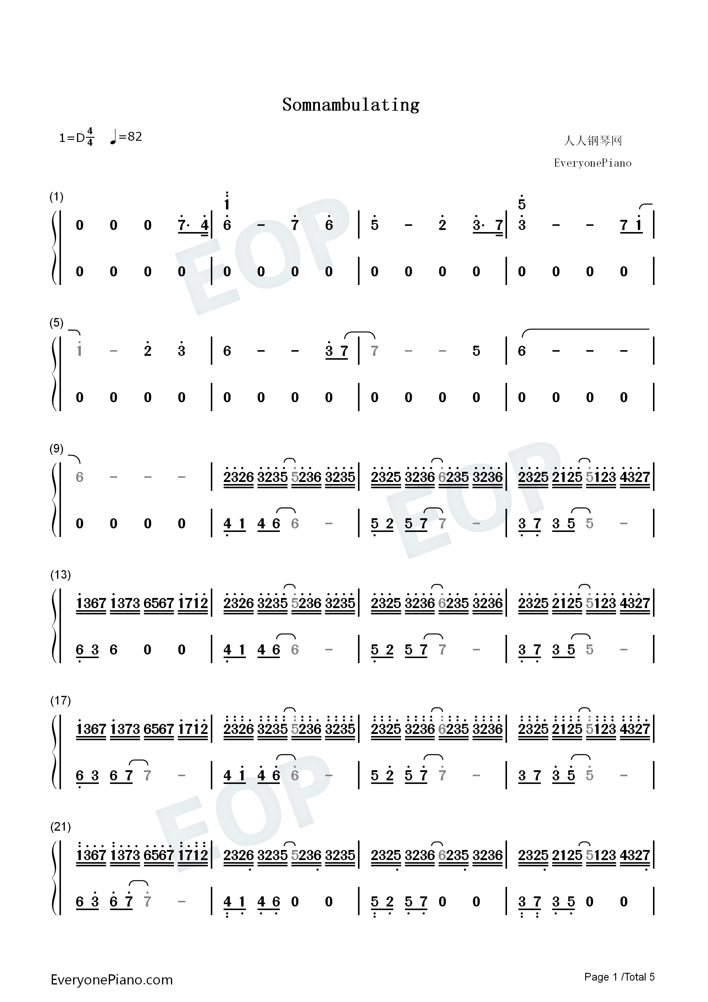 Somnambulating钢琴简谱_羽肿演唱