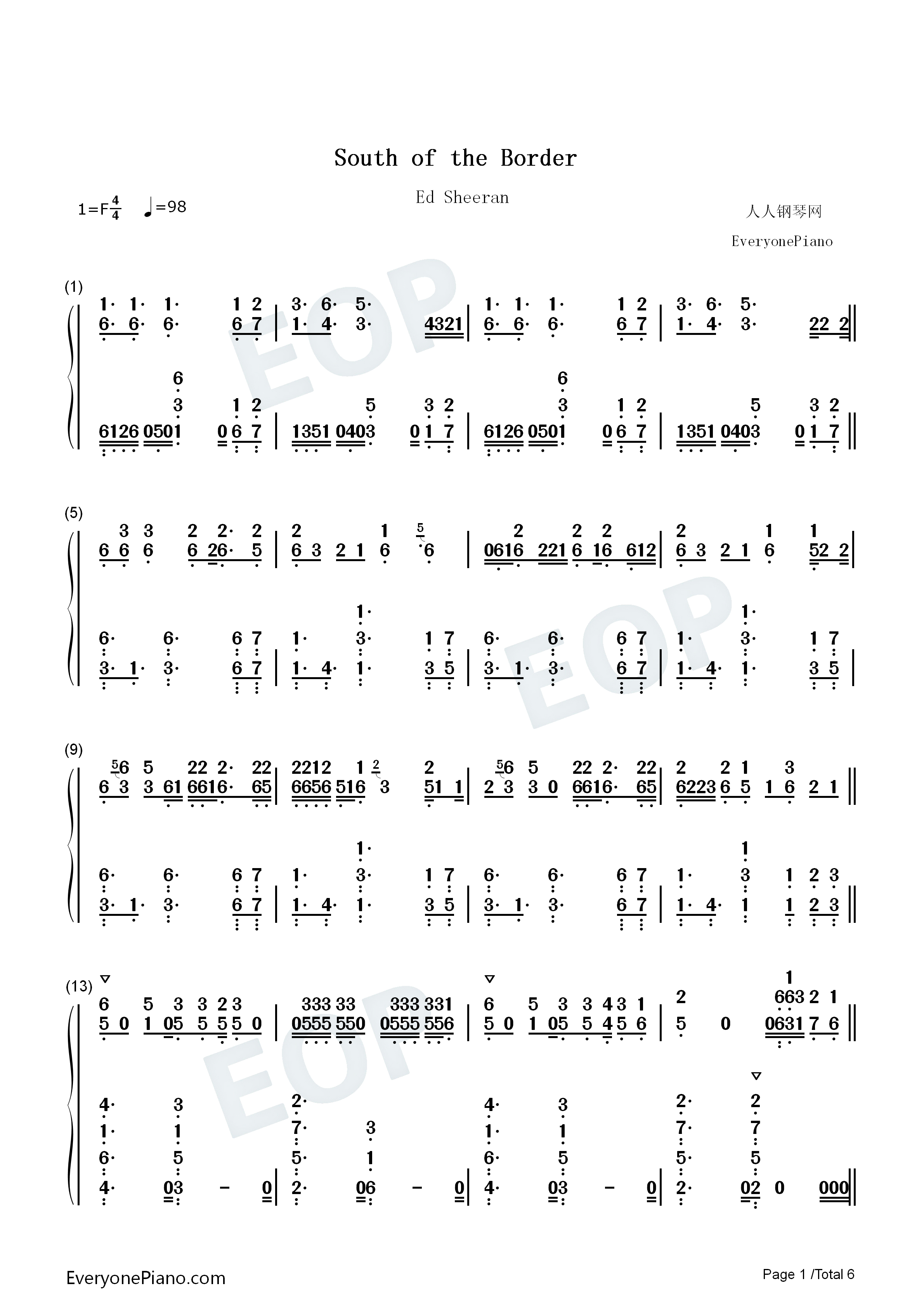 South_of_the_Border钢琴简谱_Ed_Sheeran演唱