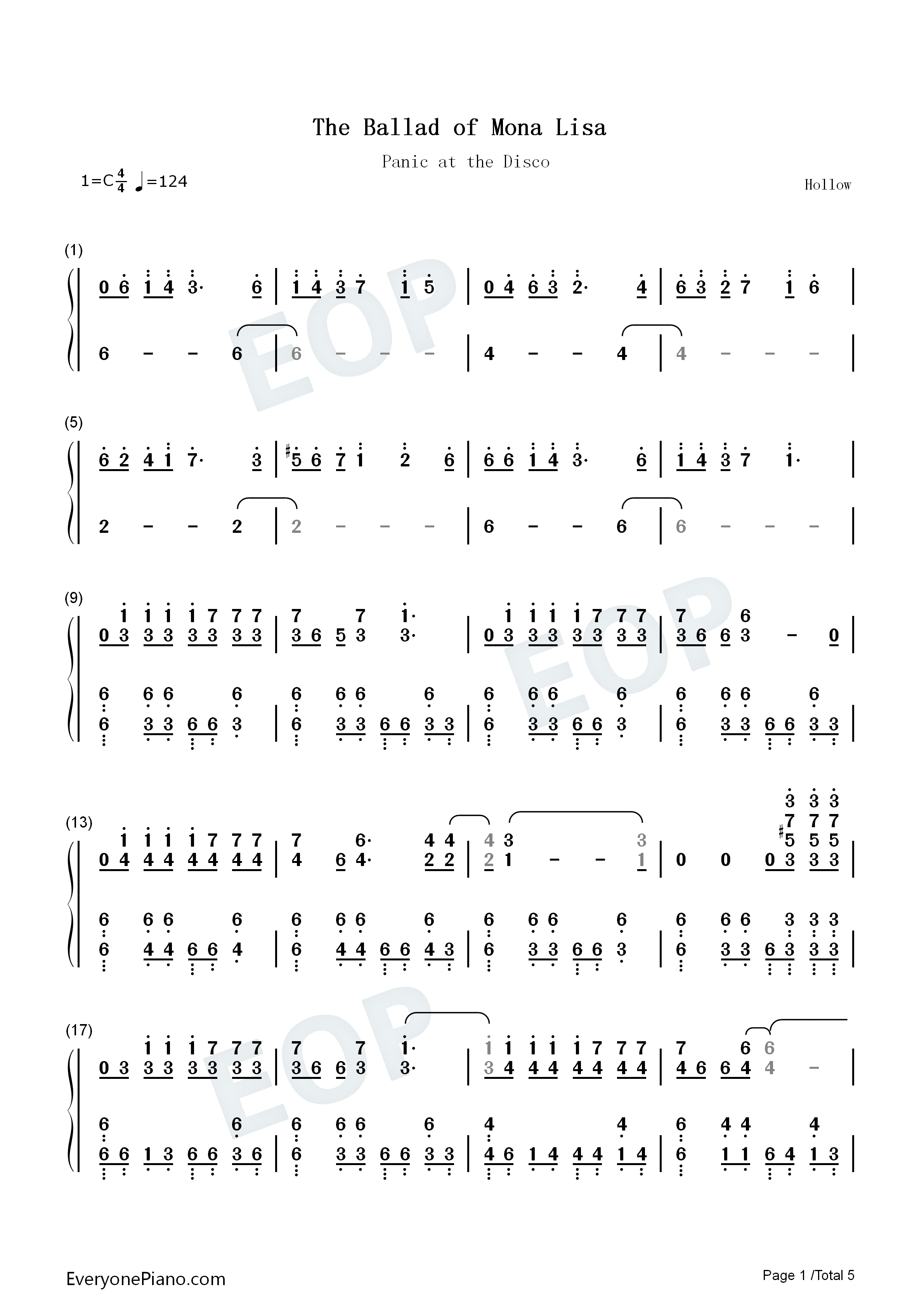 The_Ballad_of_Mona_Lisa钢琴简谱_Panic!_at_the_Disco演唱