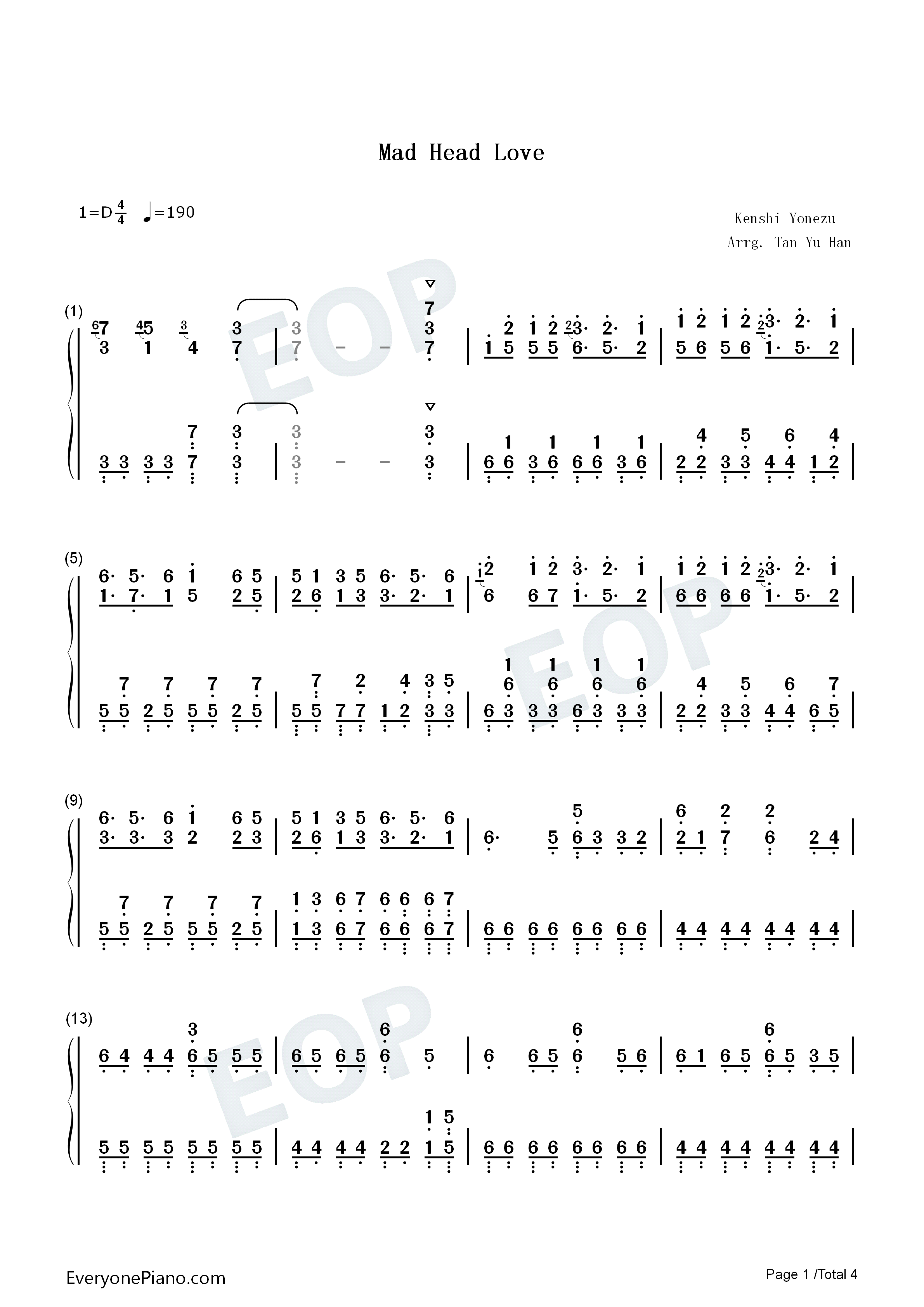 Mad_Head_Love钢琴简谱_米津玄师演唱