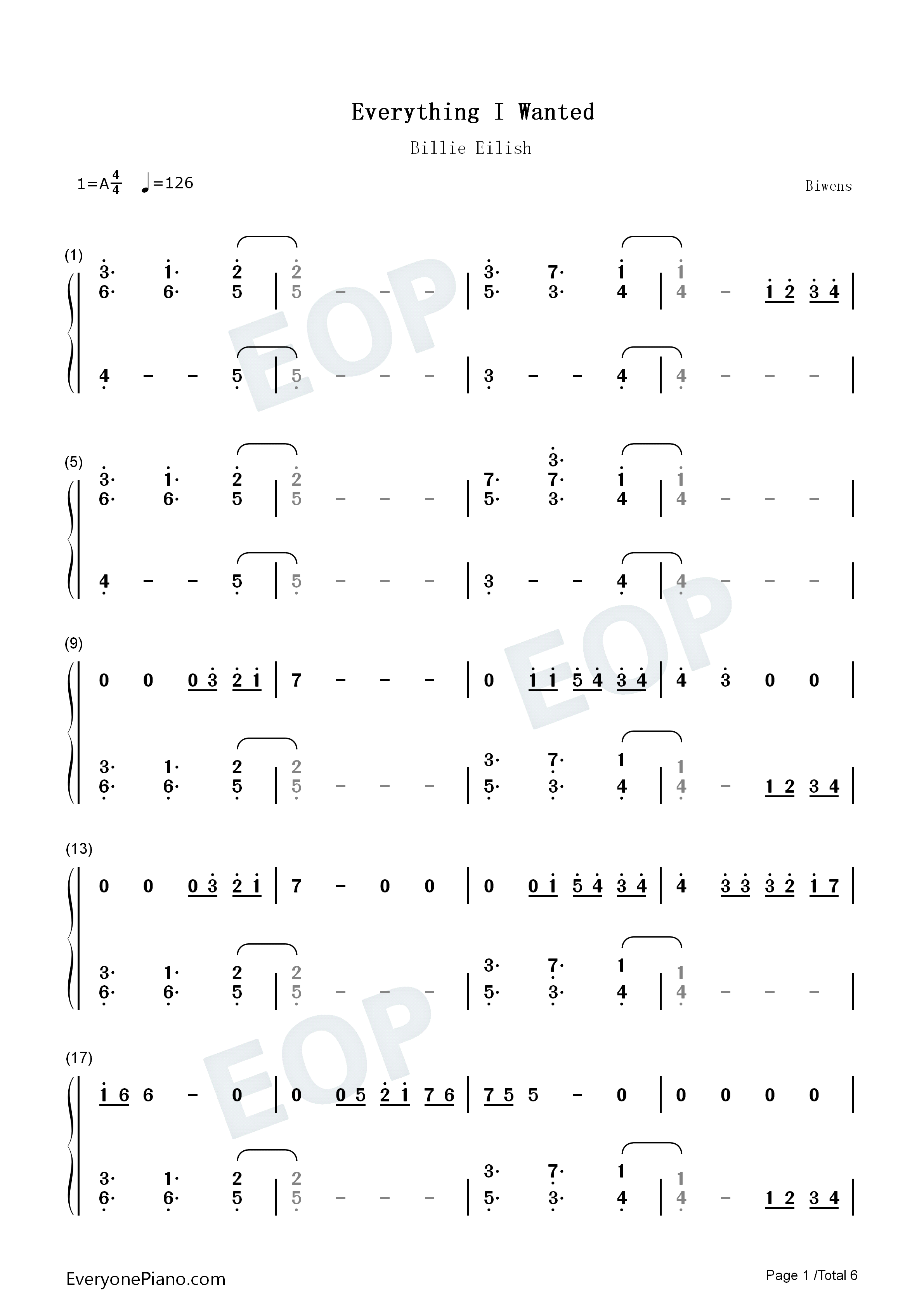 Everything_I_Wanted钢琴简谱_Billie_Eilish演唱