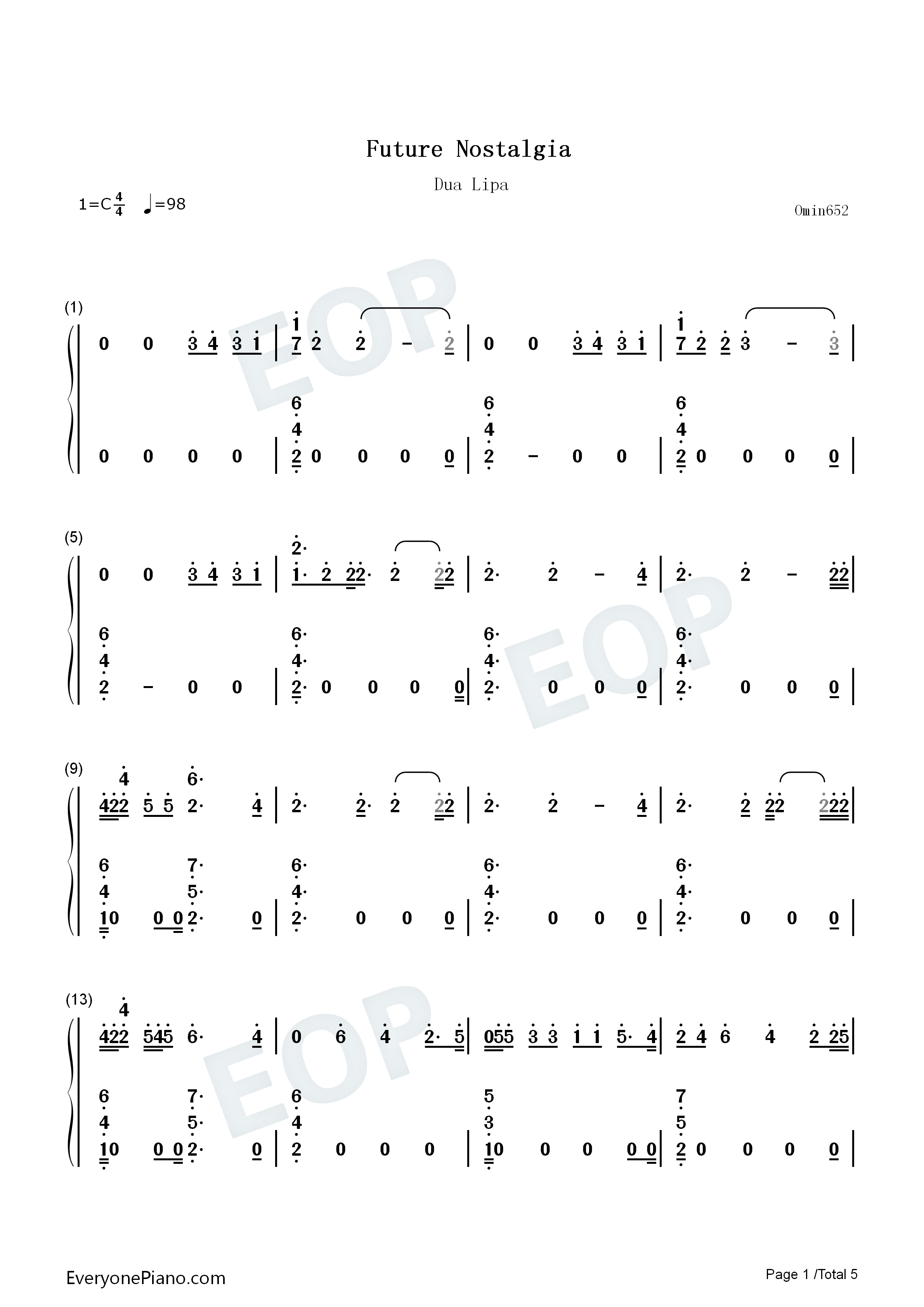 Future_Nostalgia钢琴简谱_Dua_Lipa演唱