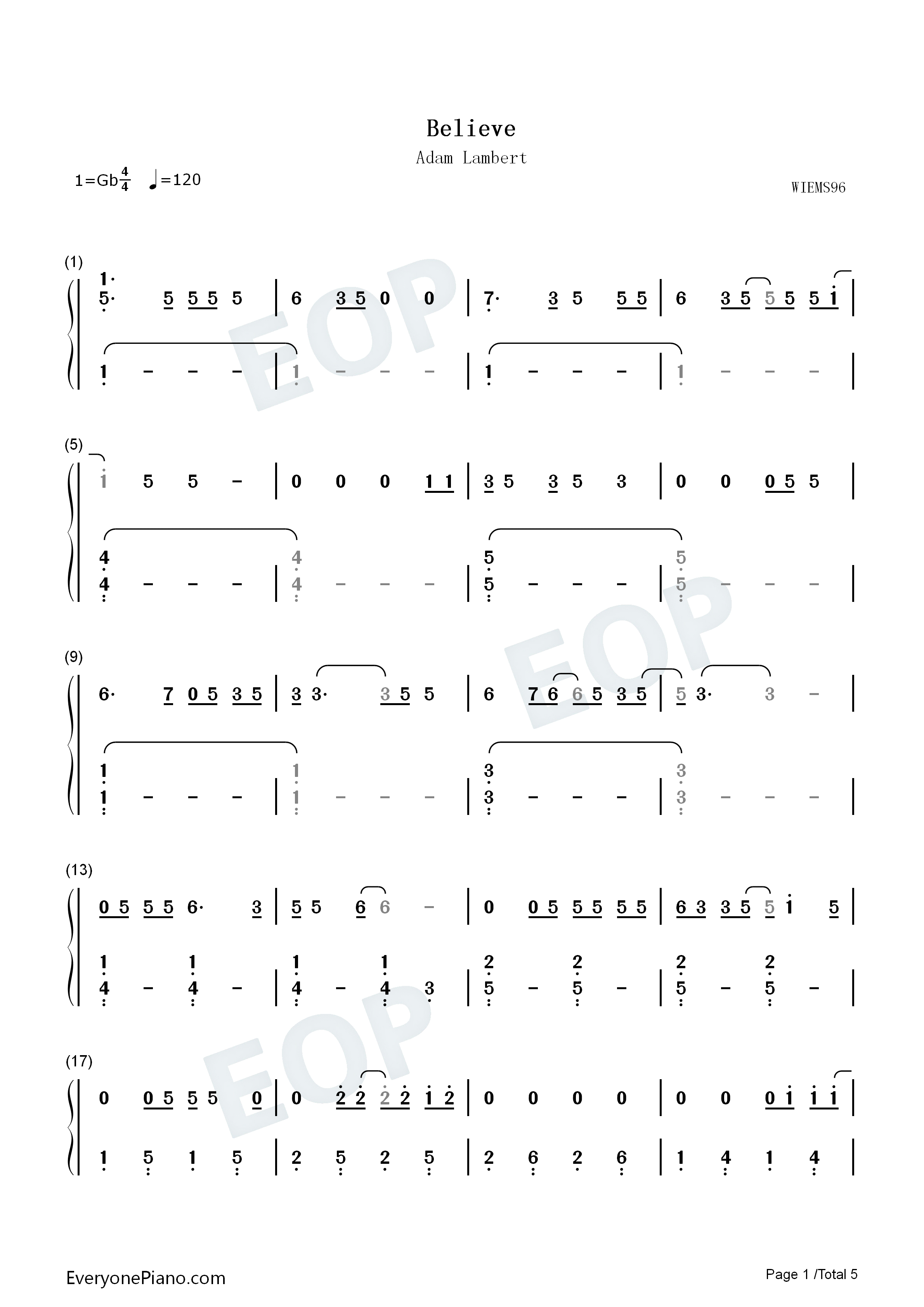 Believe钢琴简谱_Adam_Lambert演唱