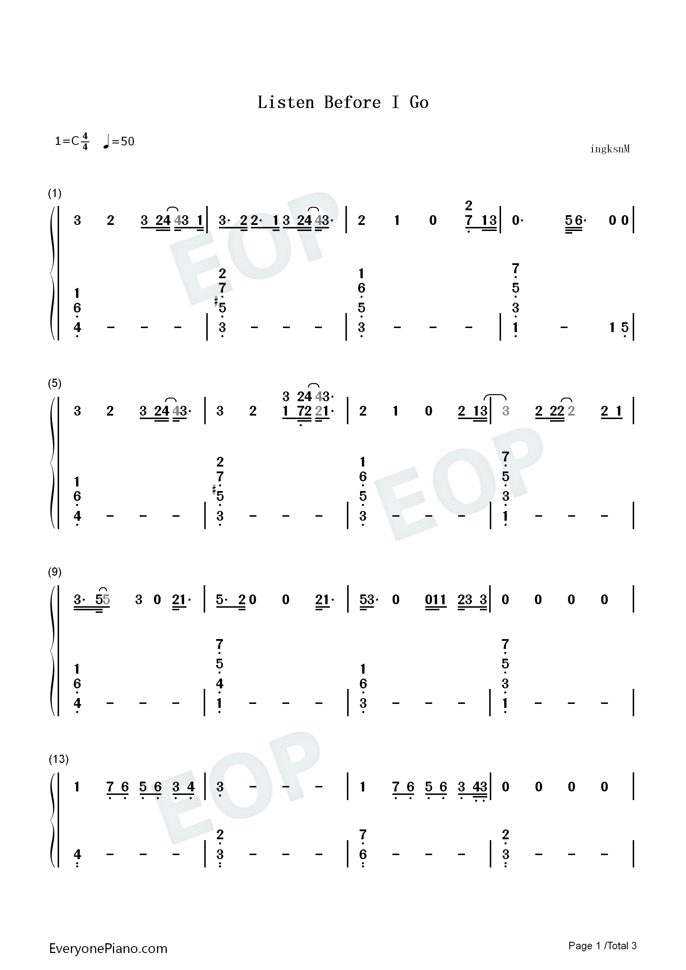 Listen_Before_I_Go钢琴简谱_Billie_Eilish演唱