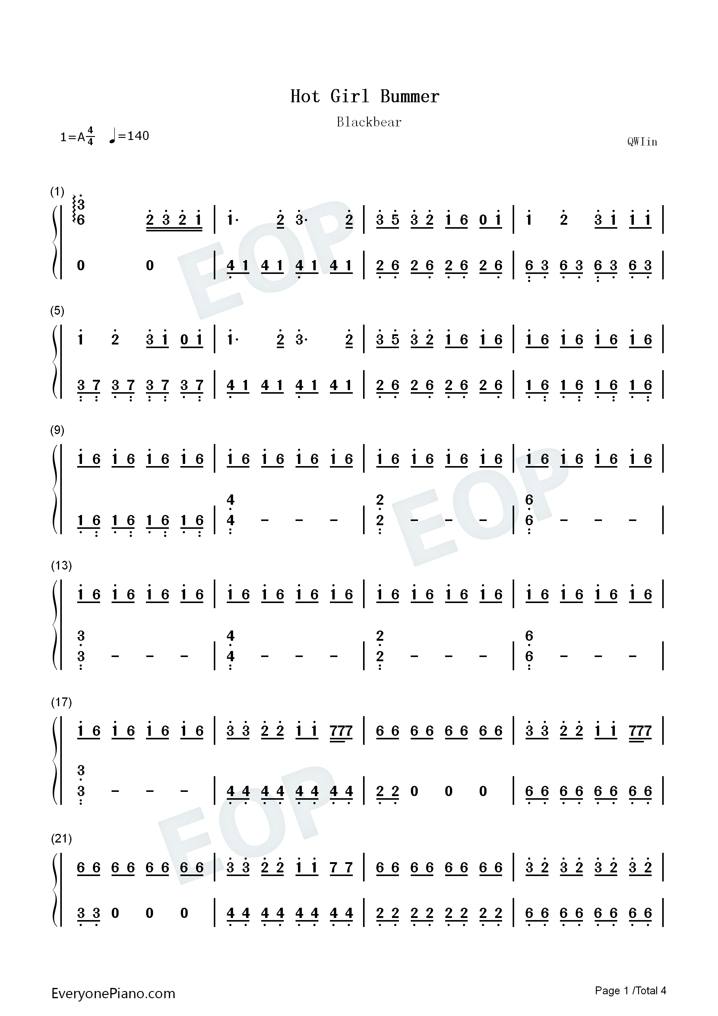 Hot_Girl_Bummer钢琴简谱_Blackbear演唱