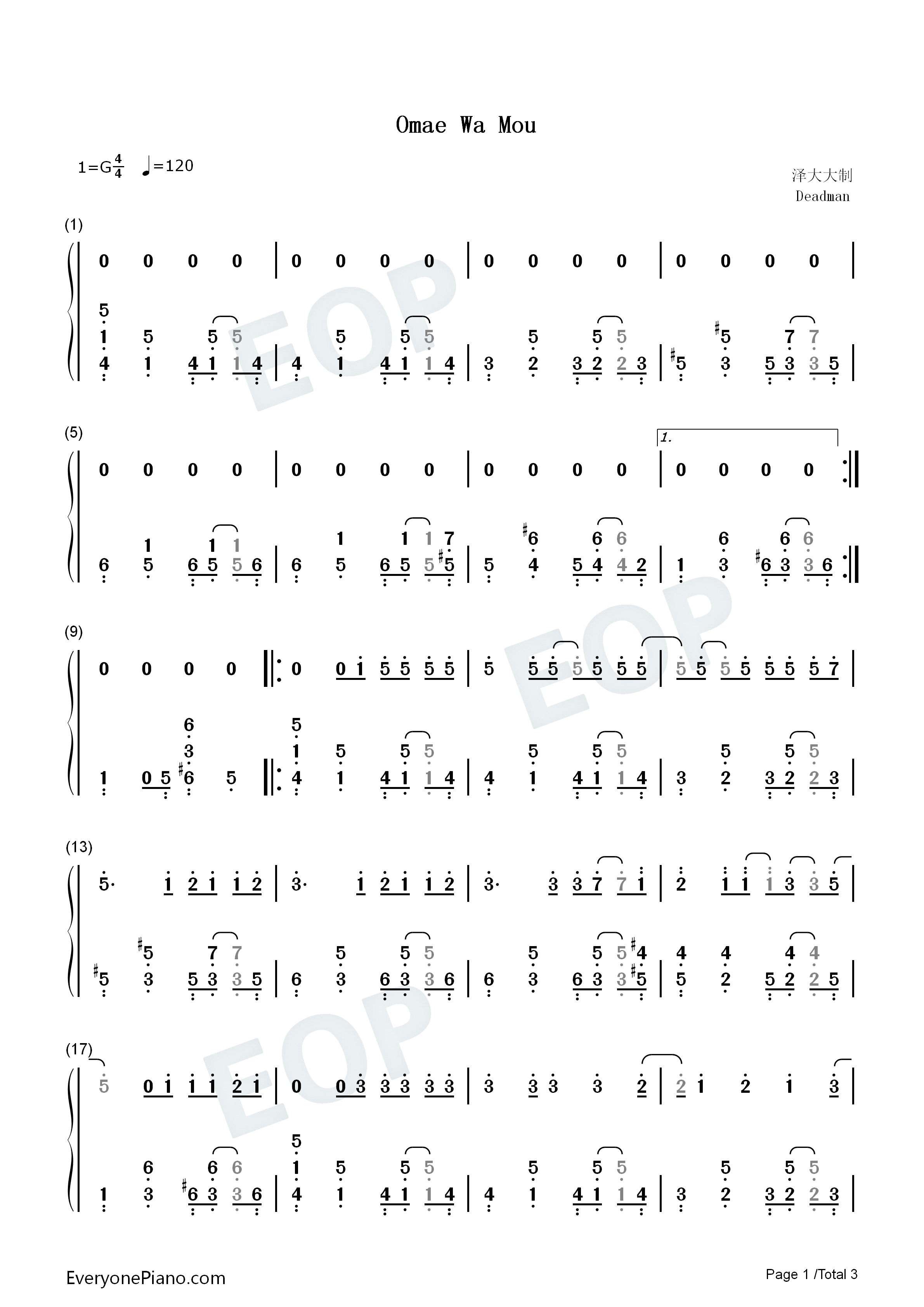 Omae_Wa_Mou钢琴简谱_deadman_死人演唱