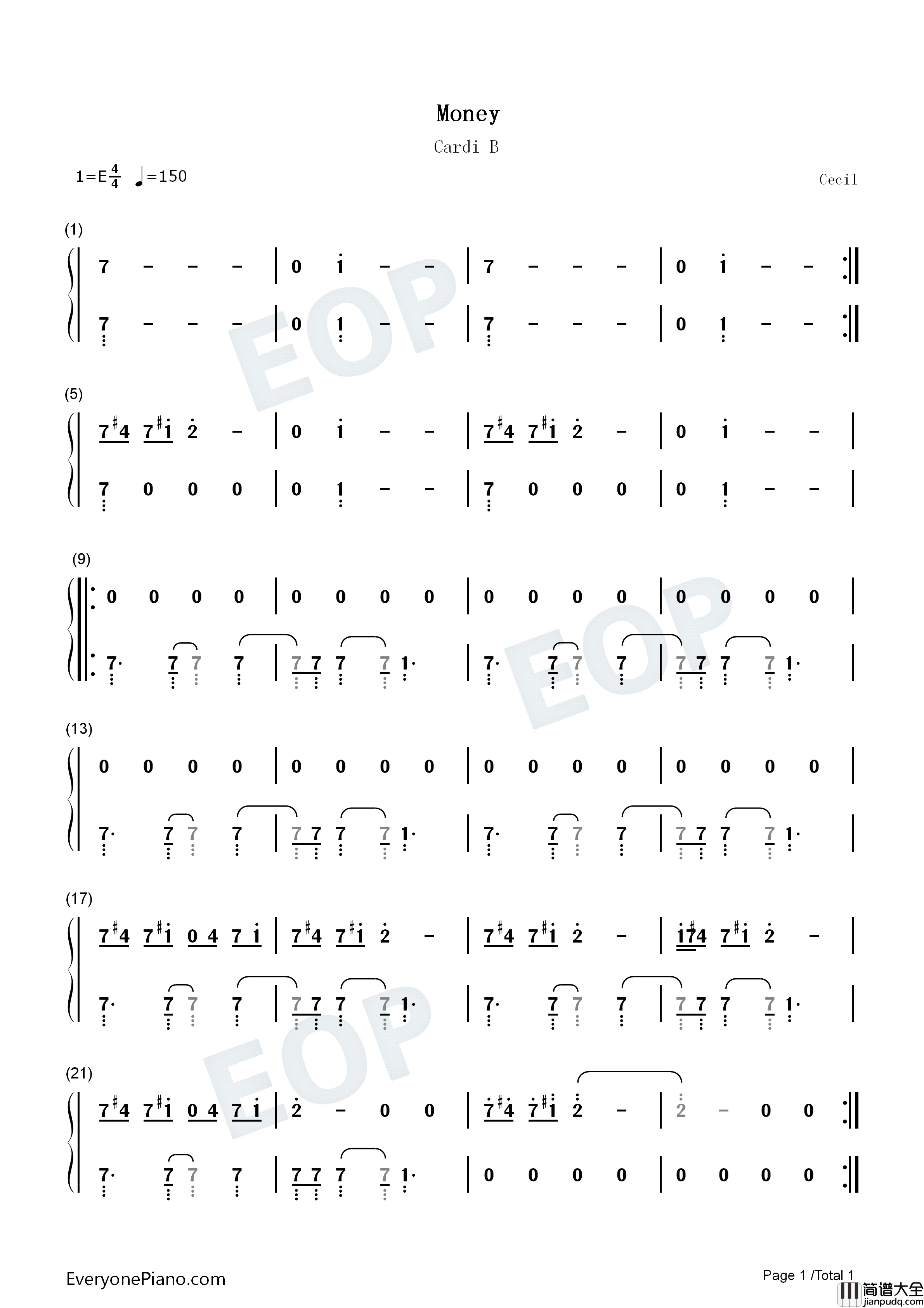 Money钢琴简谱_Cardi_B演唱