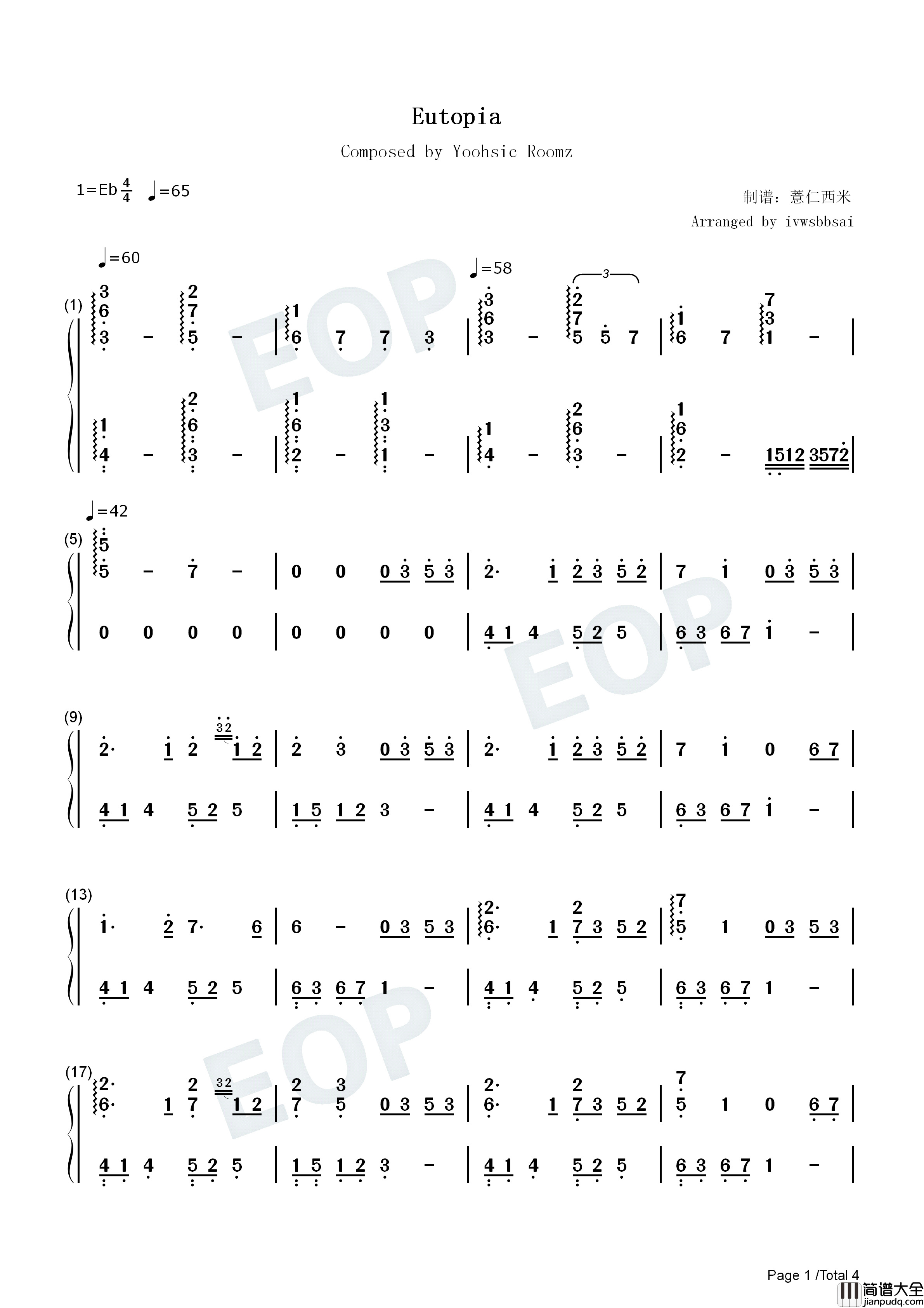 Eutopia钢琴简谱_Yoohsic_Roomz演唱