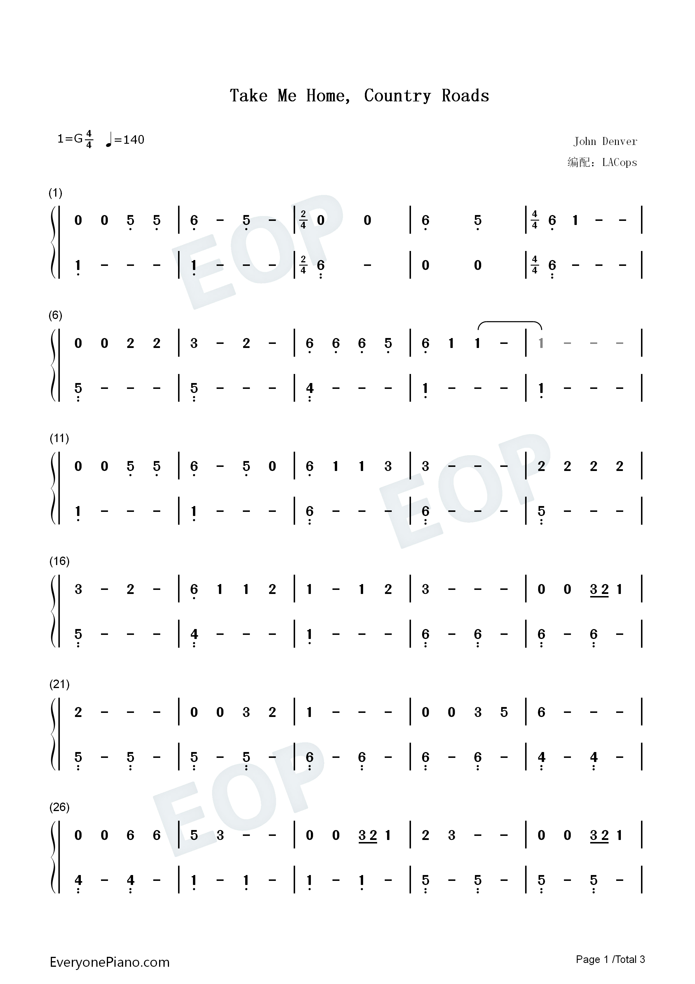 Take_Me_Home_Country_Roads钢琴简谱_John_Denver演唱