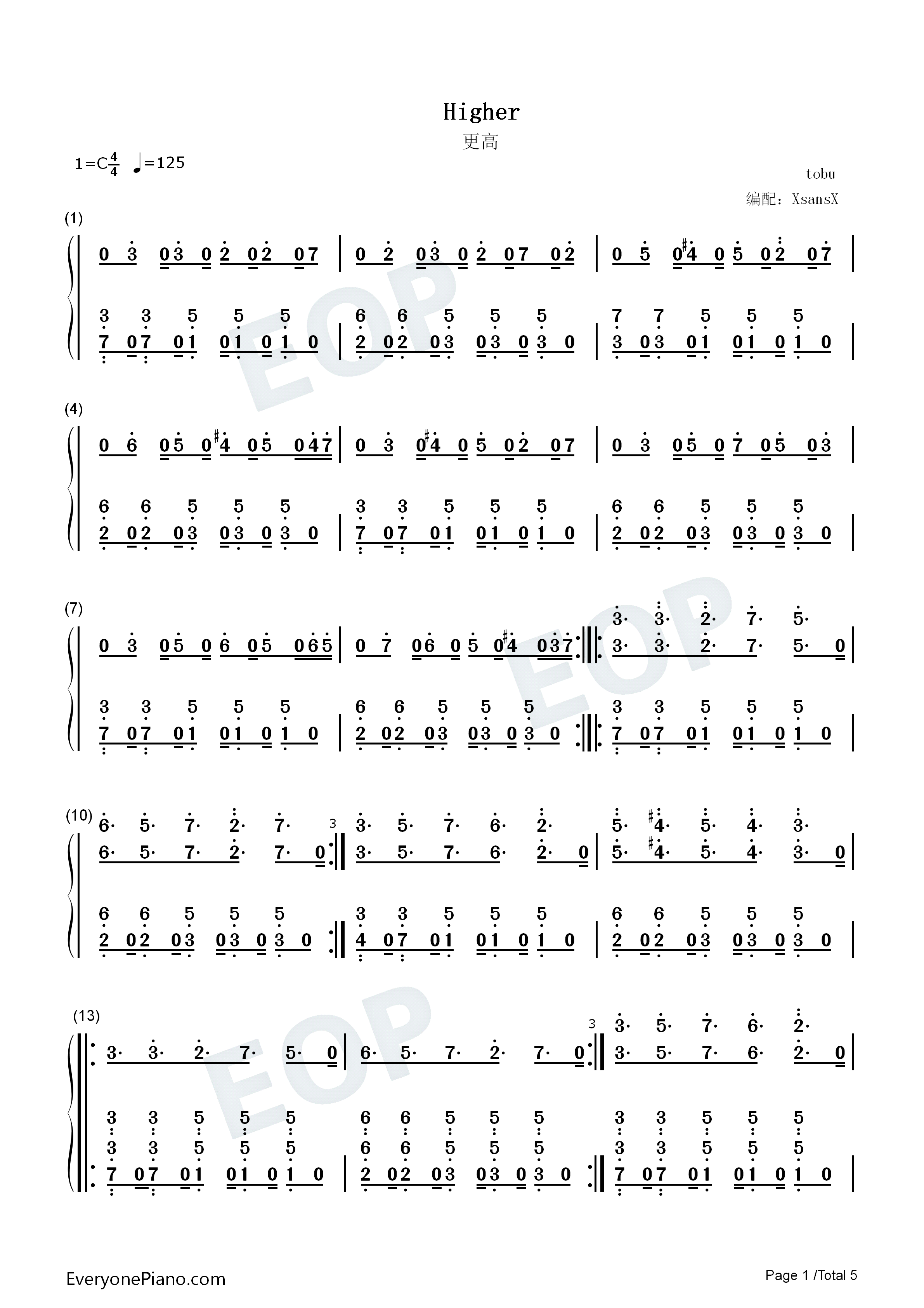 Higher钢琴简谱_Tobu演唱