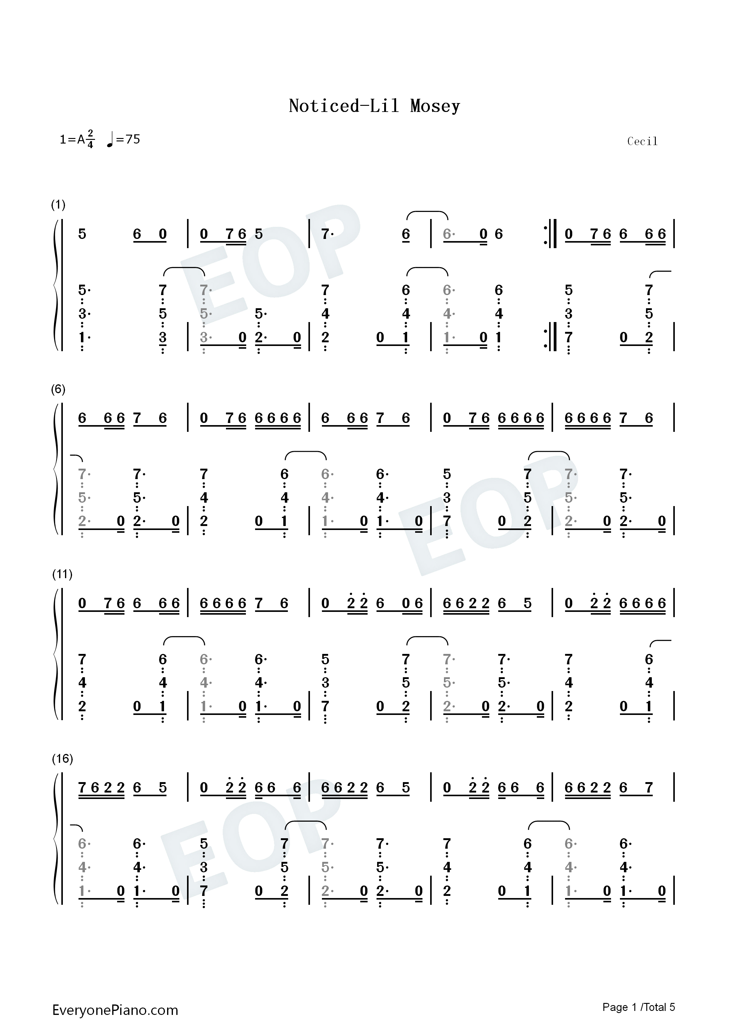 Noticed钢琴简谱_Lil_Mosey演唱