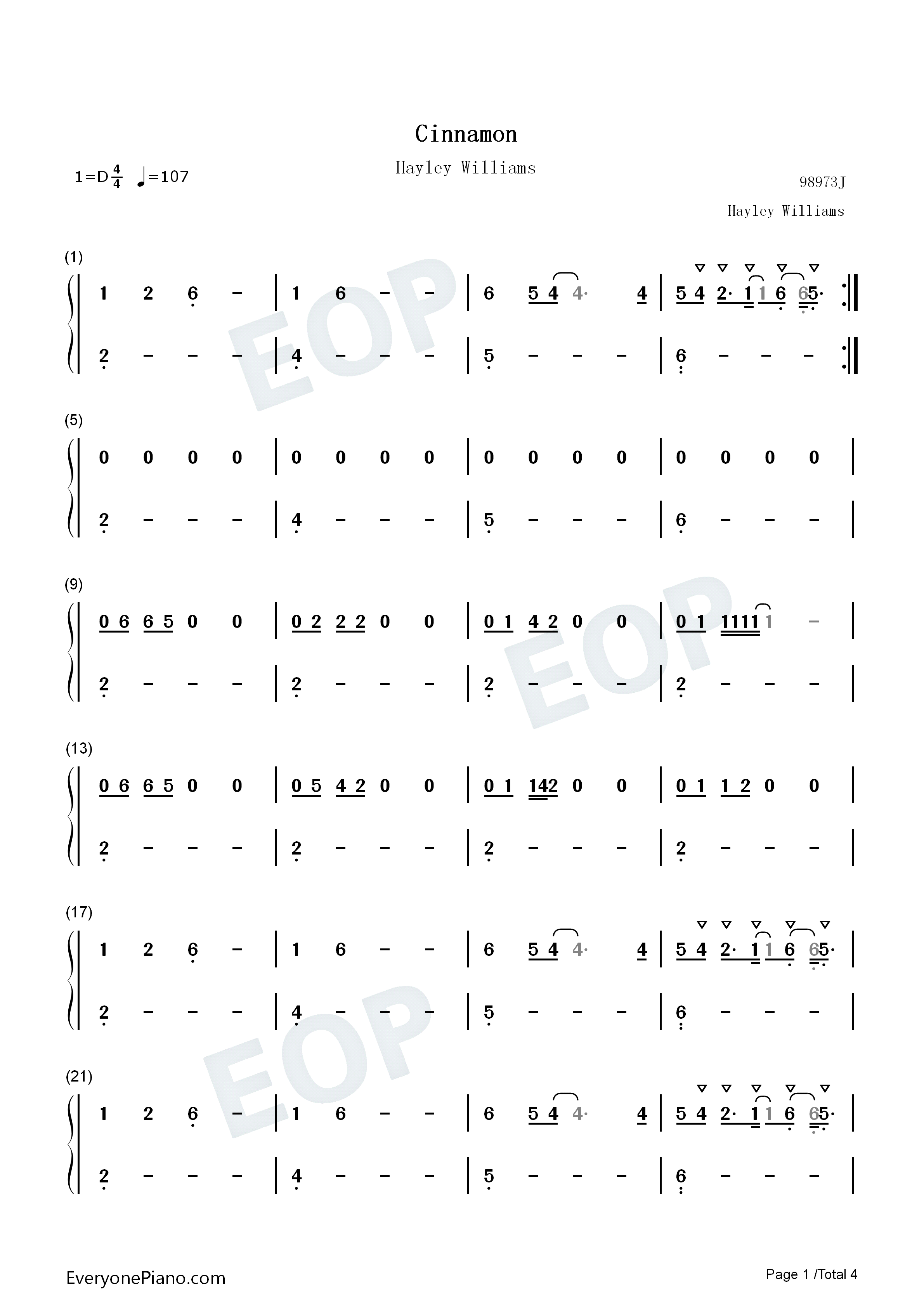 Cinnamon钢琴简谱_Hayley_Williams演唱