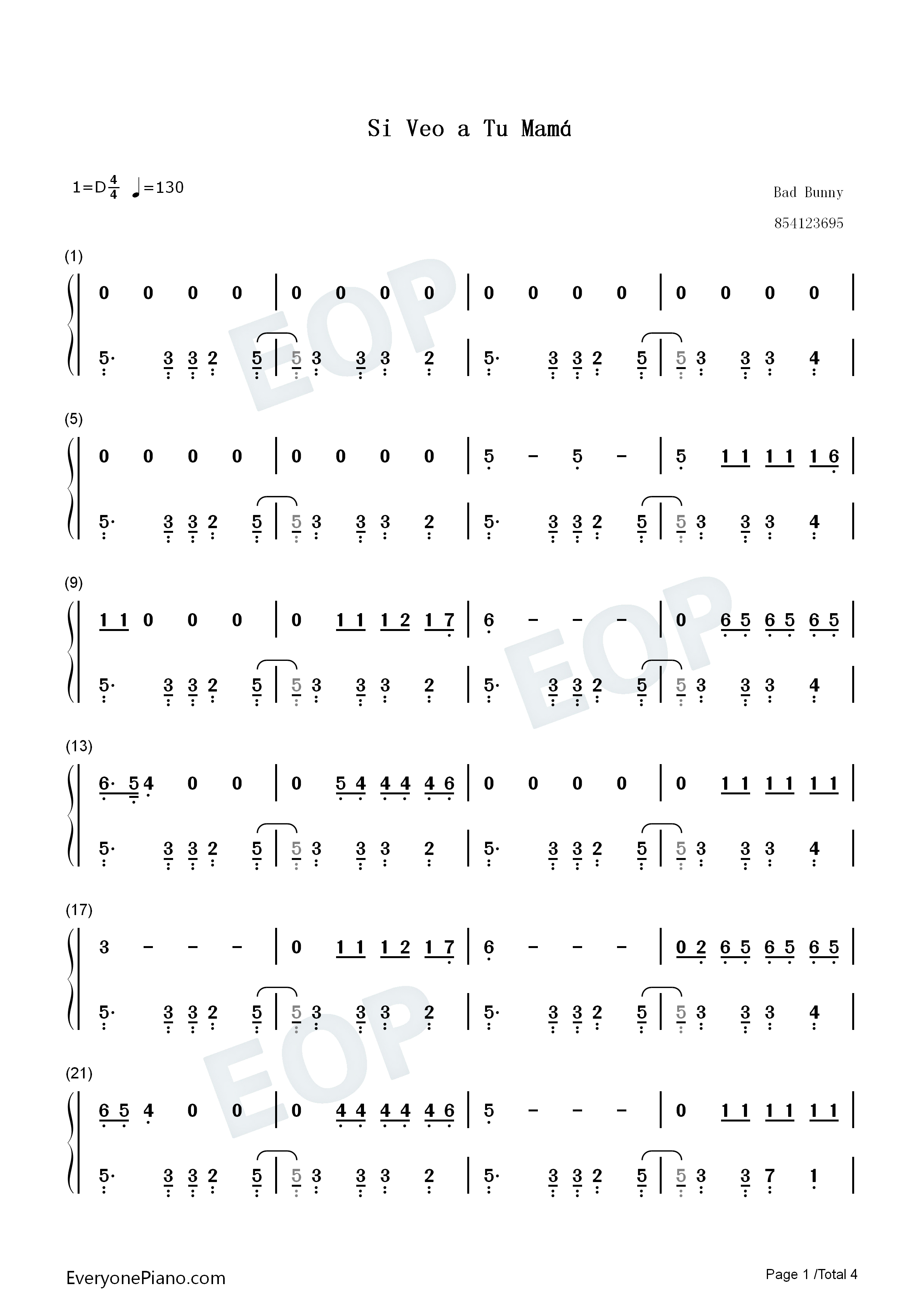 Si_Veo_a_Tu_Mamá钢琴简谱_Bad_Bunny演唱