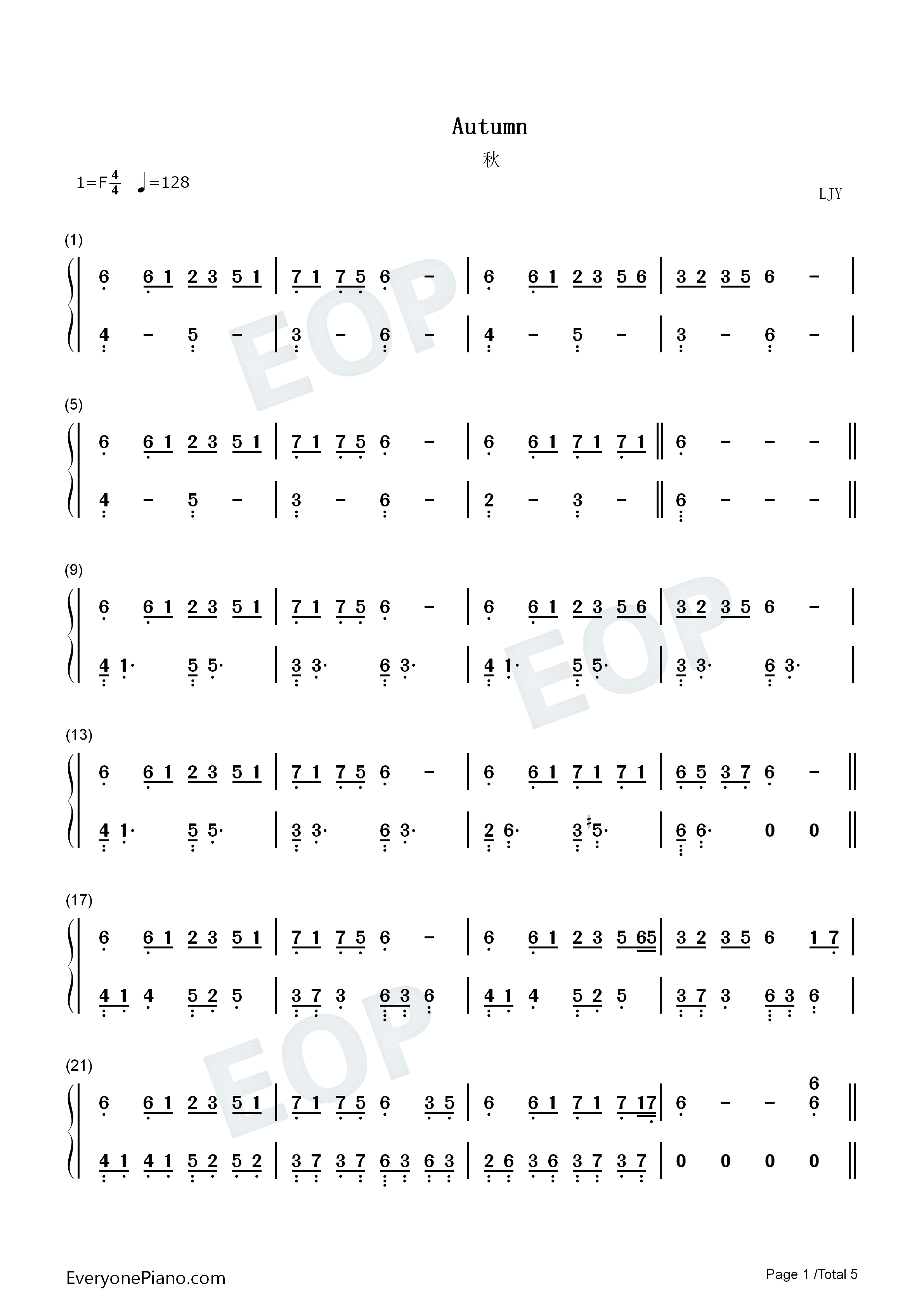 Autumn钢琴简谱_LJY演唱
