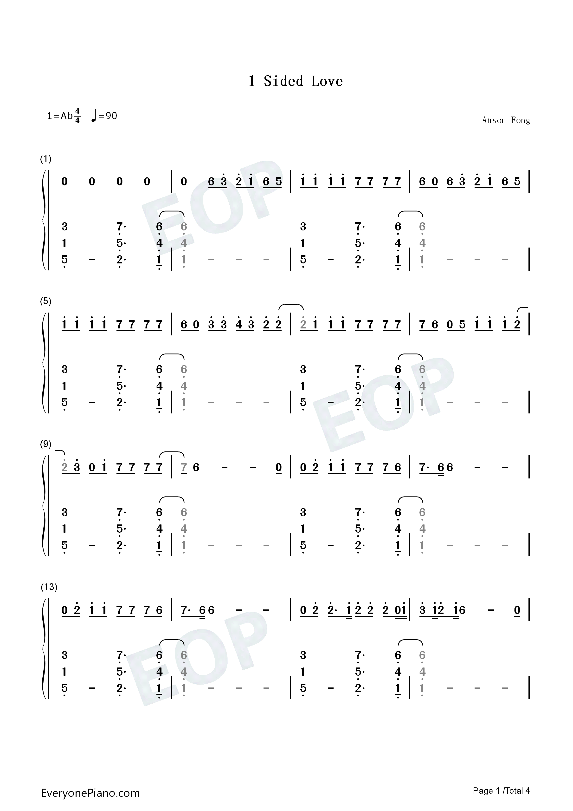 1_Sided_Love钢琴简谱_Blackbear演唱