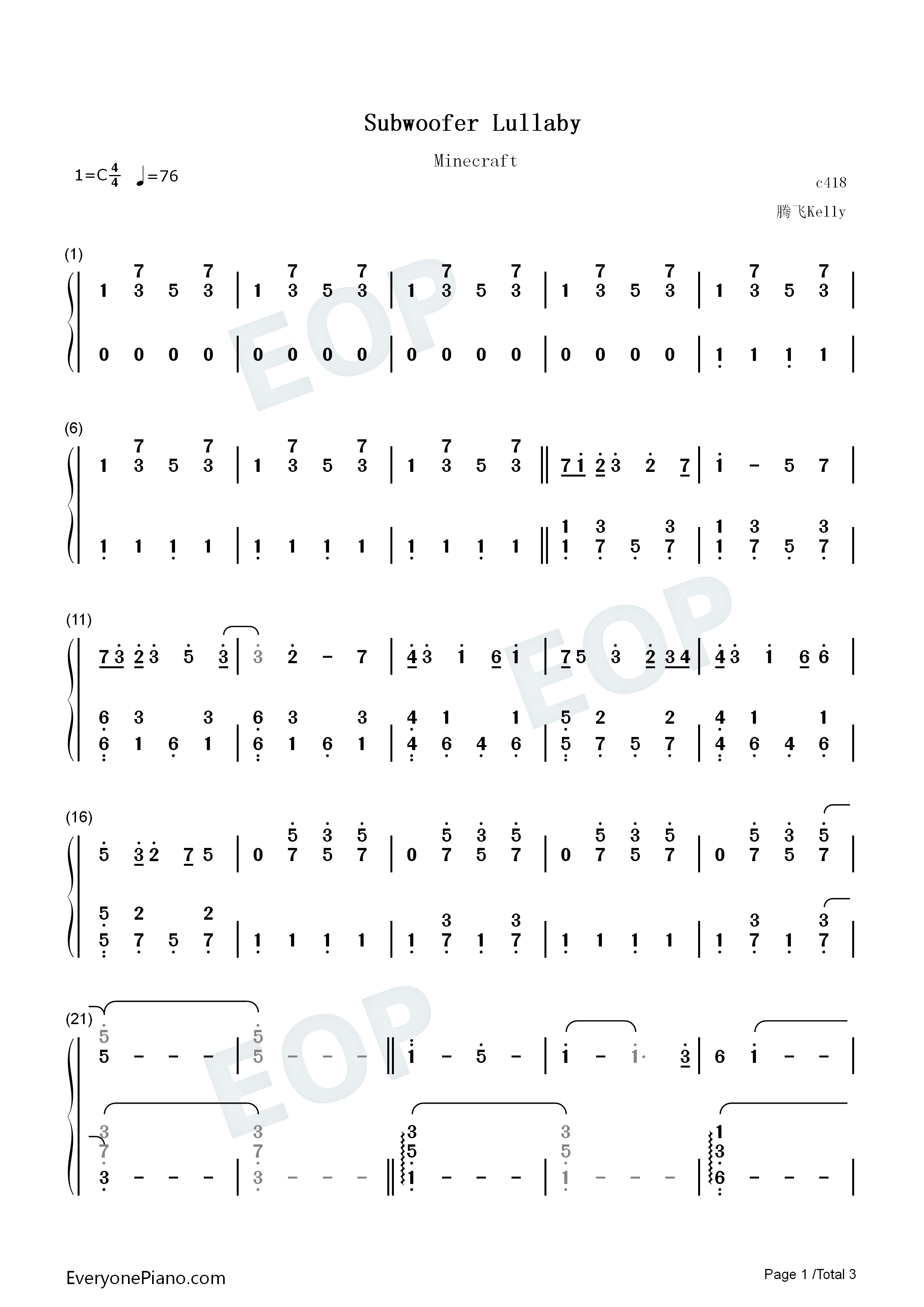 Subwoofer_Lullaby钢琴简谱_C418演唱