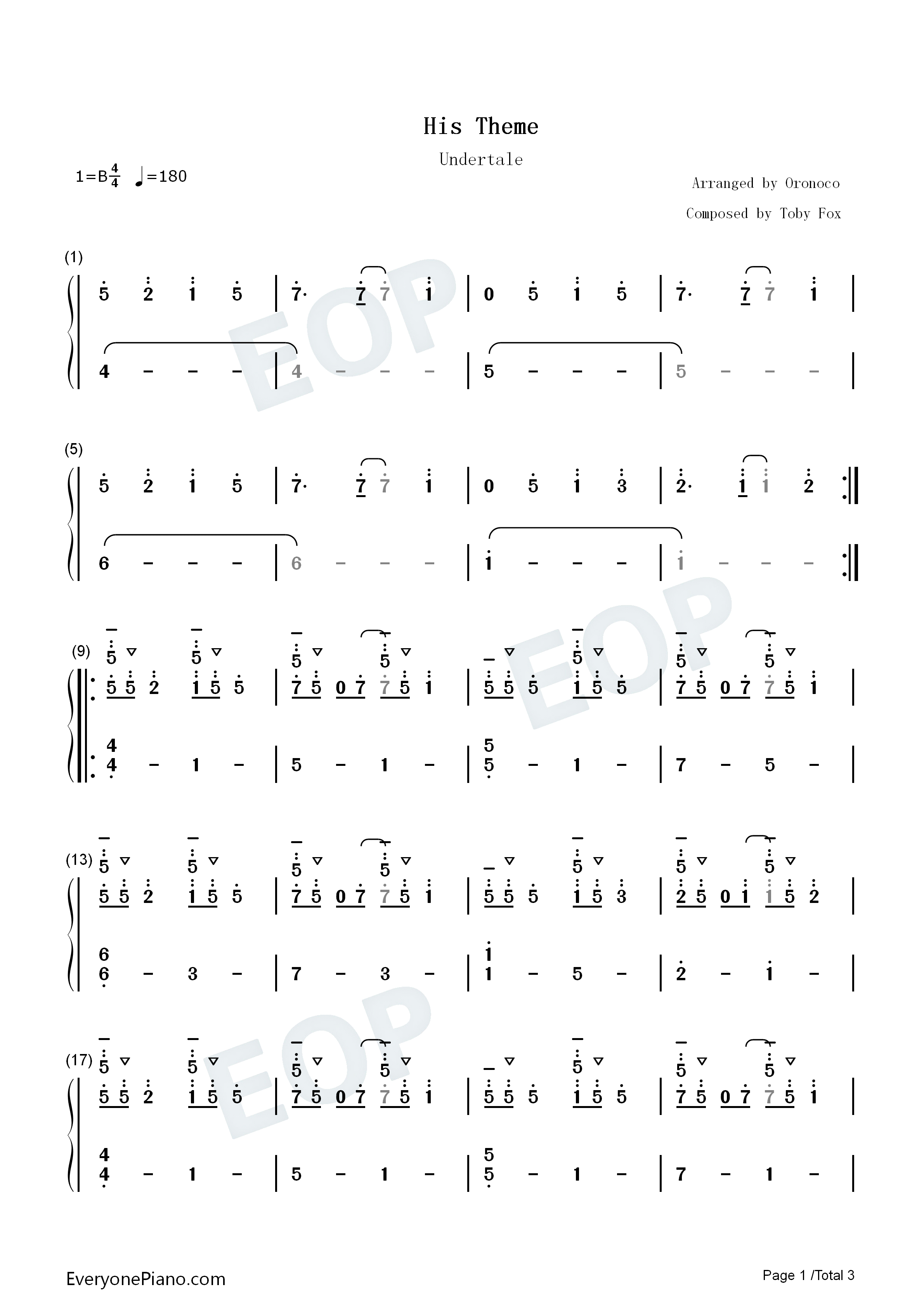 His_Theme钢琴简谱_Toby_Fox演唱