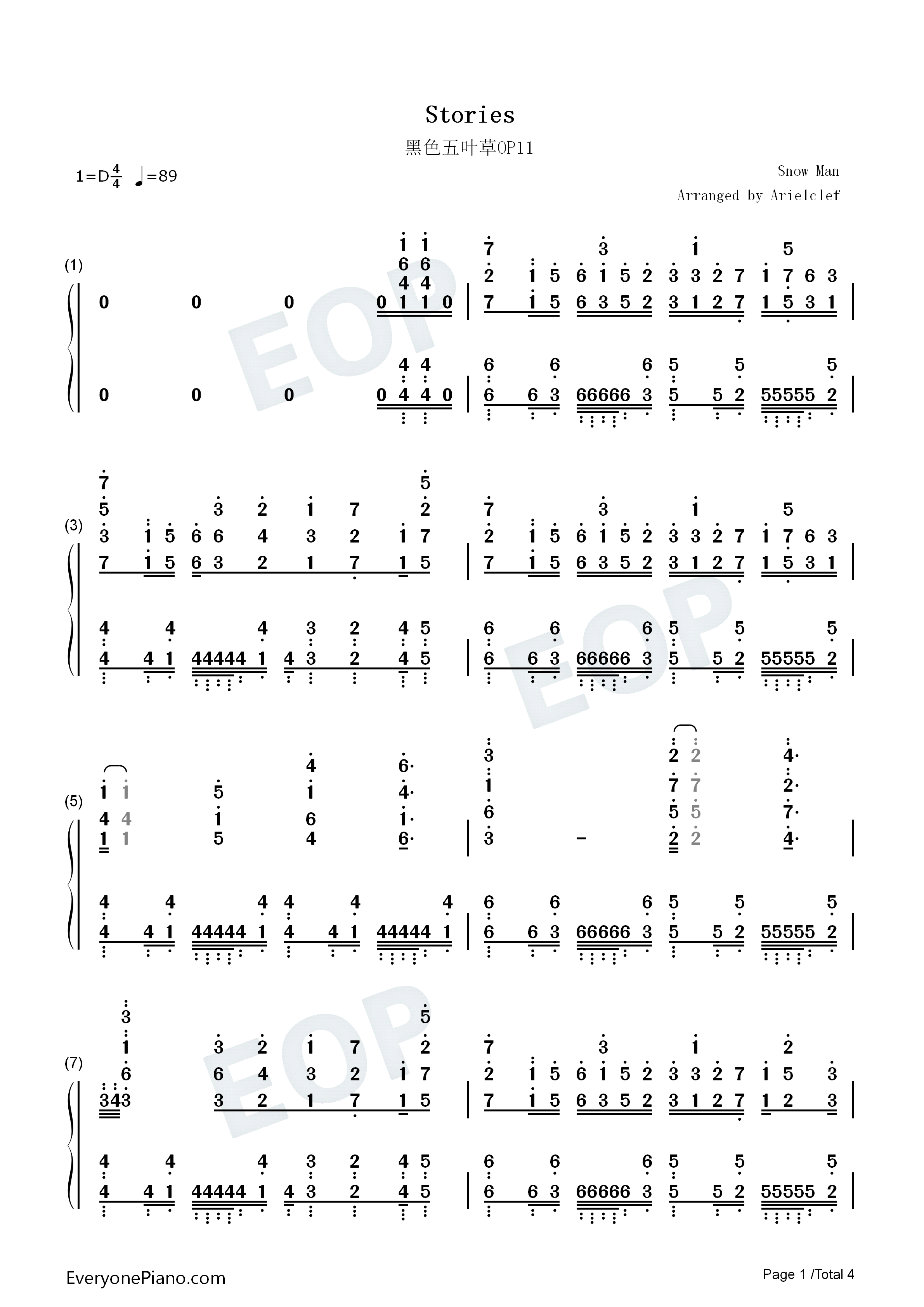Stories钢琴简谱_Snow_Man演唱