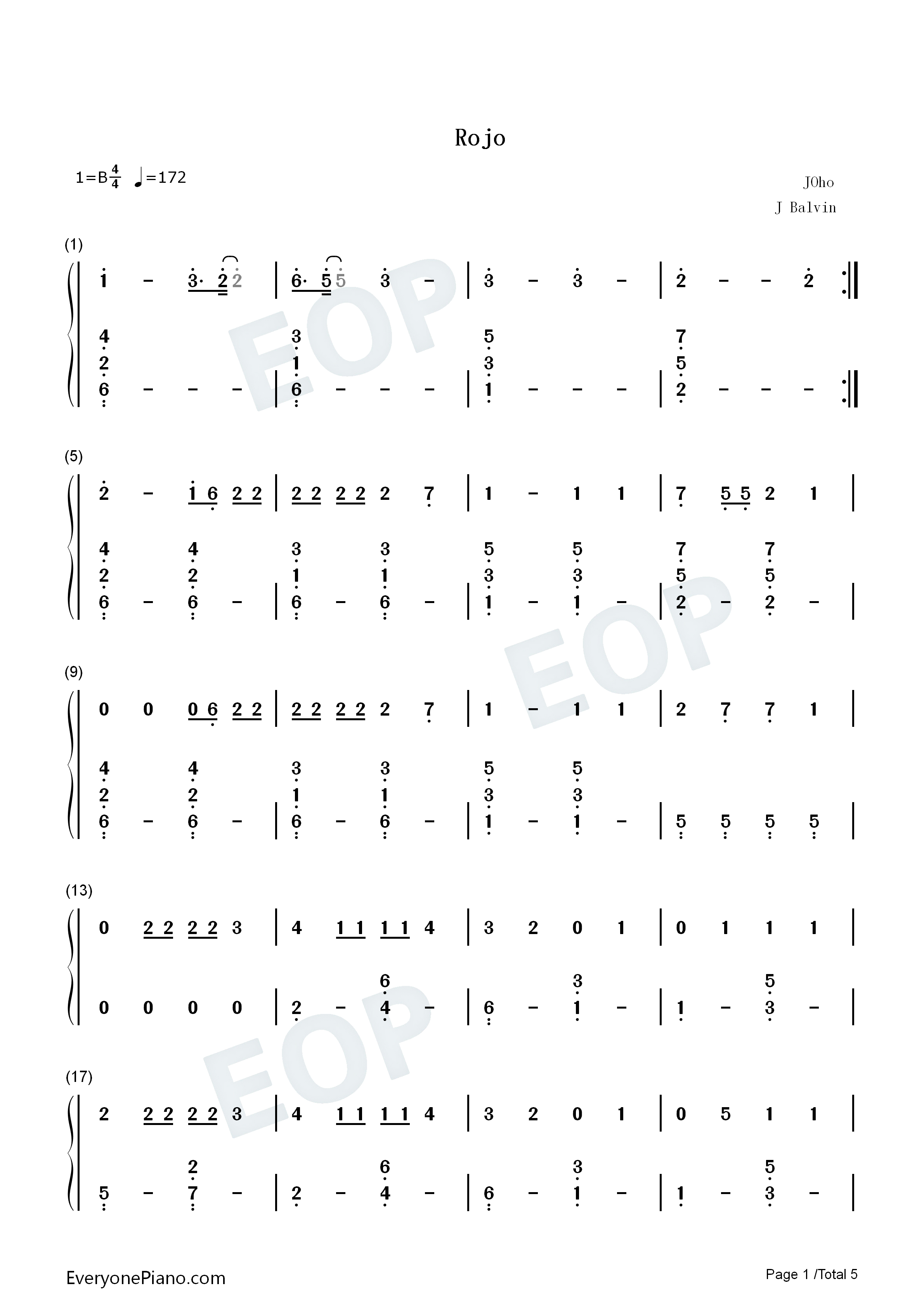 Rojo钢琴简谱_J_Balvin演唱