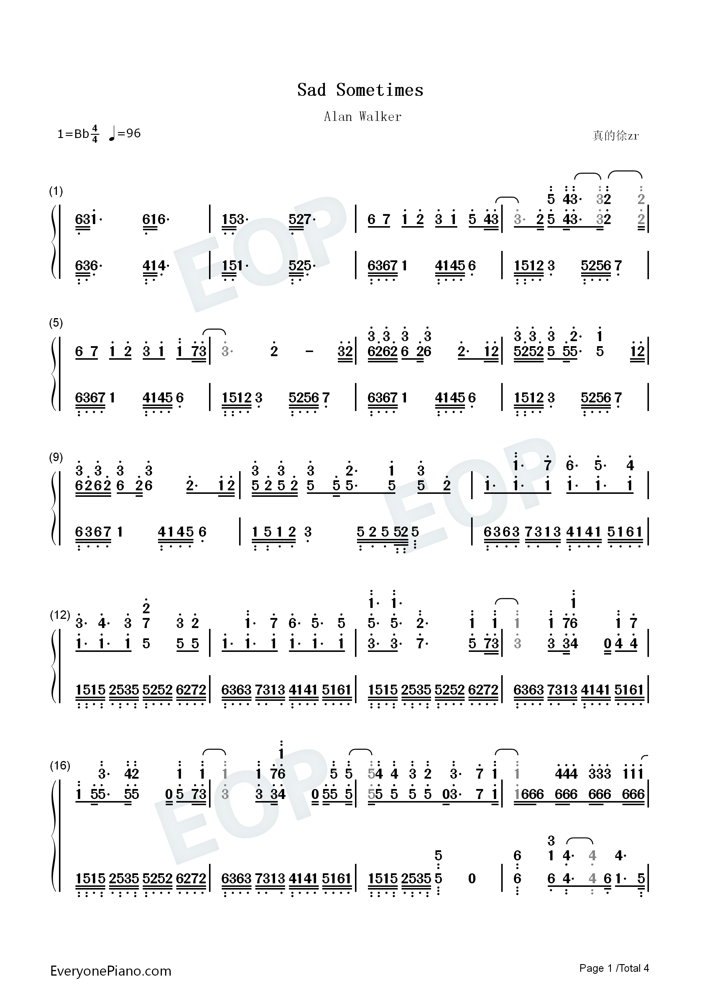 Sad_Sometimes钢琴简谱_Alan_Walker_CORSAK_黄霄雲演唱