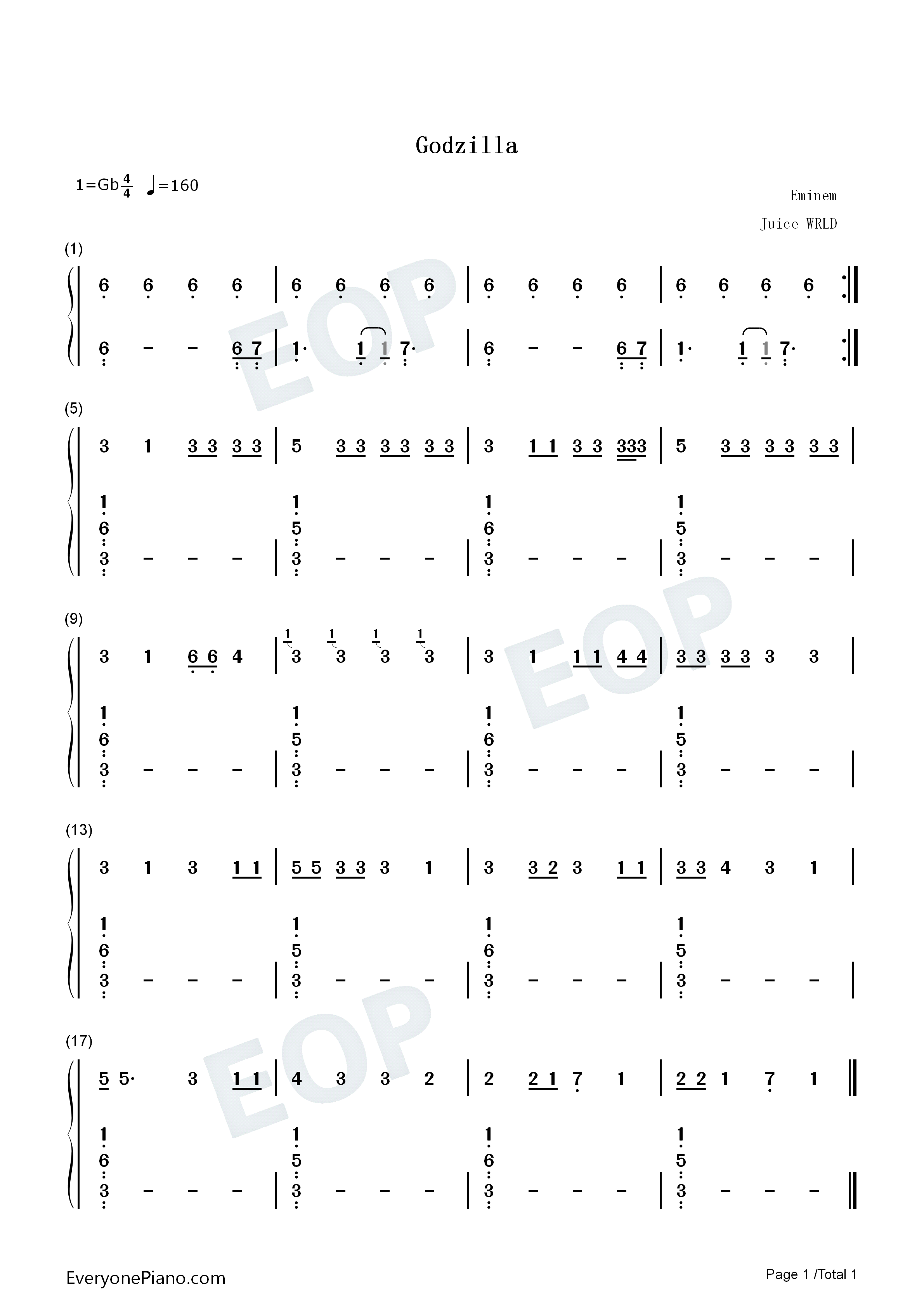 Godzilla钢琴简谱_Eminem_Juice_Wrld演唱