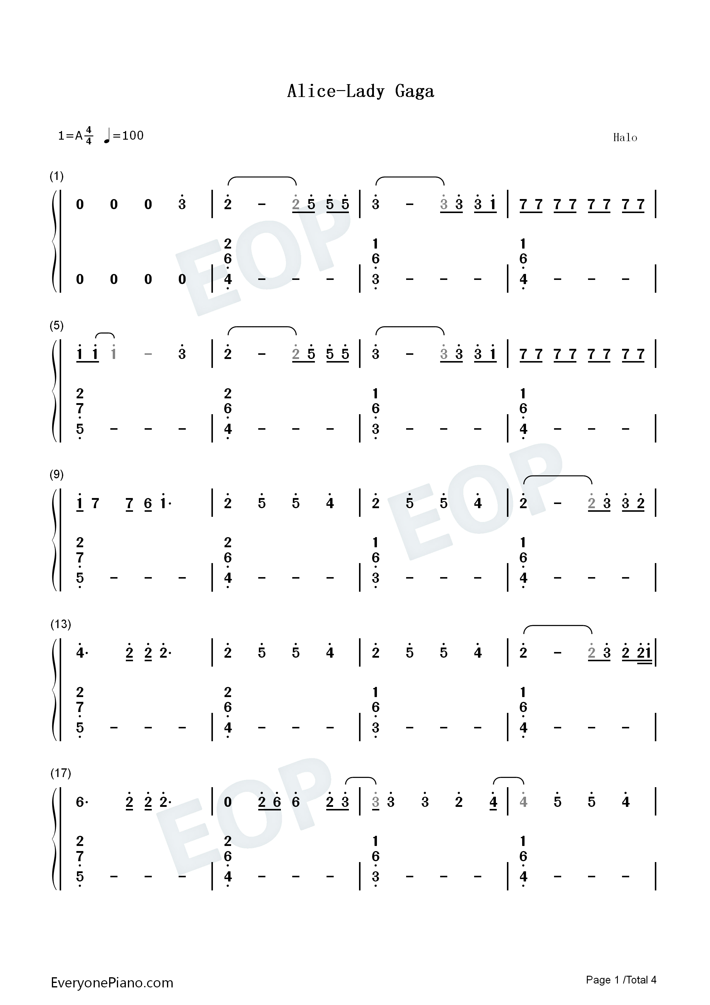 Alice钢琴简谱_Lady_Gaga演唱