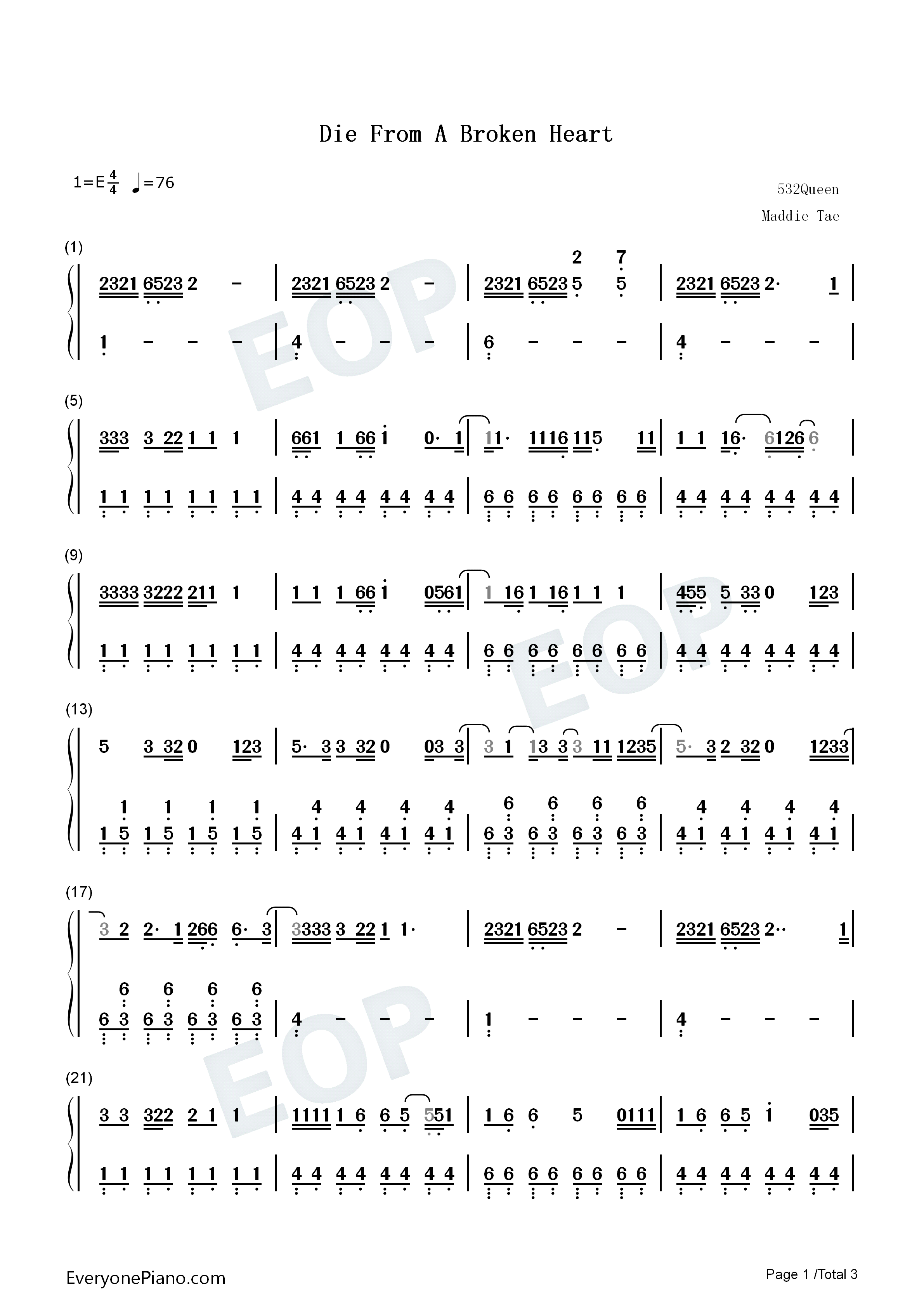 Die_from_a_Broken_Heart钢琴简谱_Maddie_&_Tae演唱