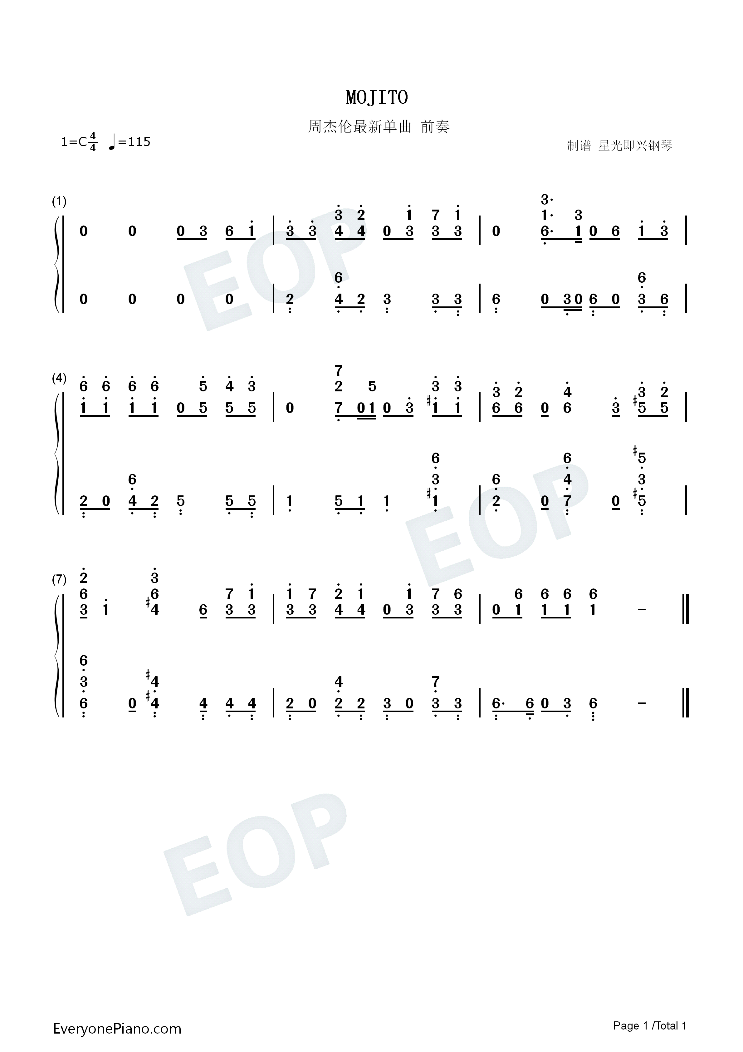 MOJITO钢琴简谱_周杰伦演唱