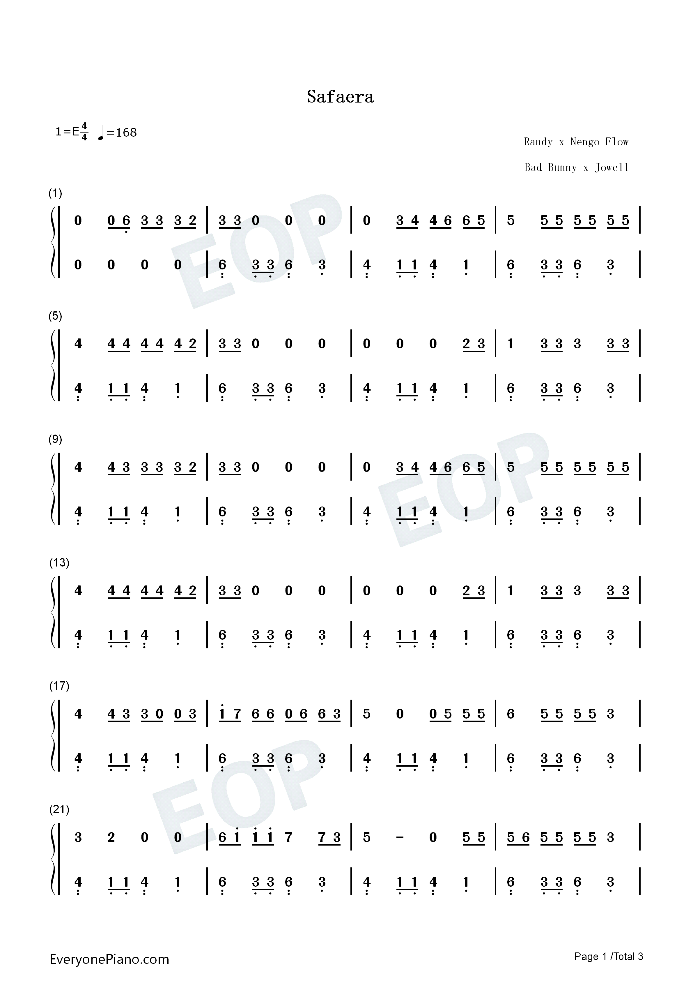 Safaera钢琴简谱_Bad_Bunny_Jowell_&_Randy_Ñengo_Flow演唱