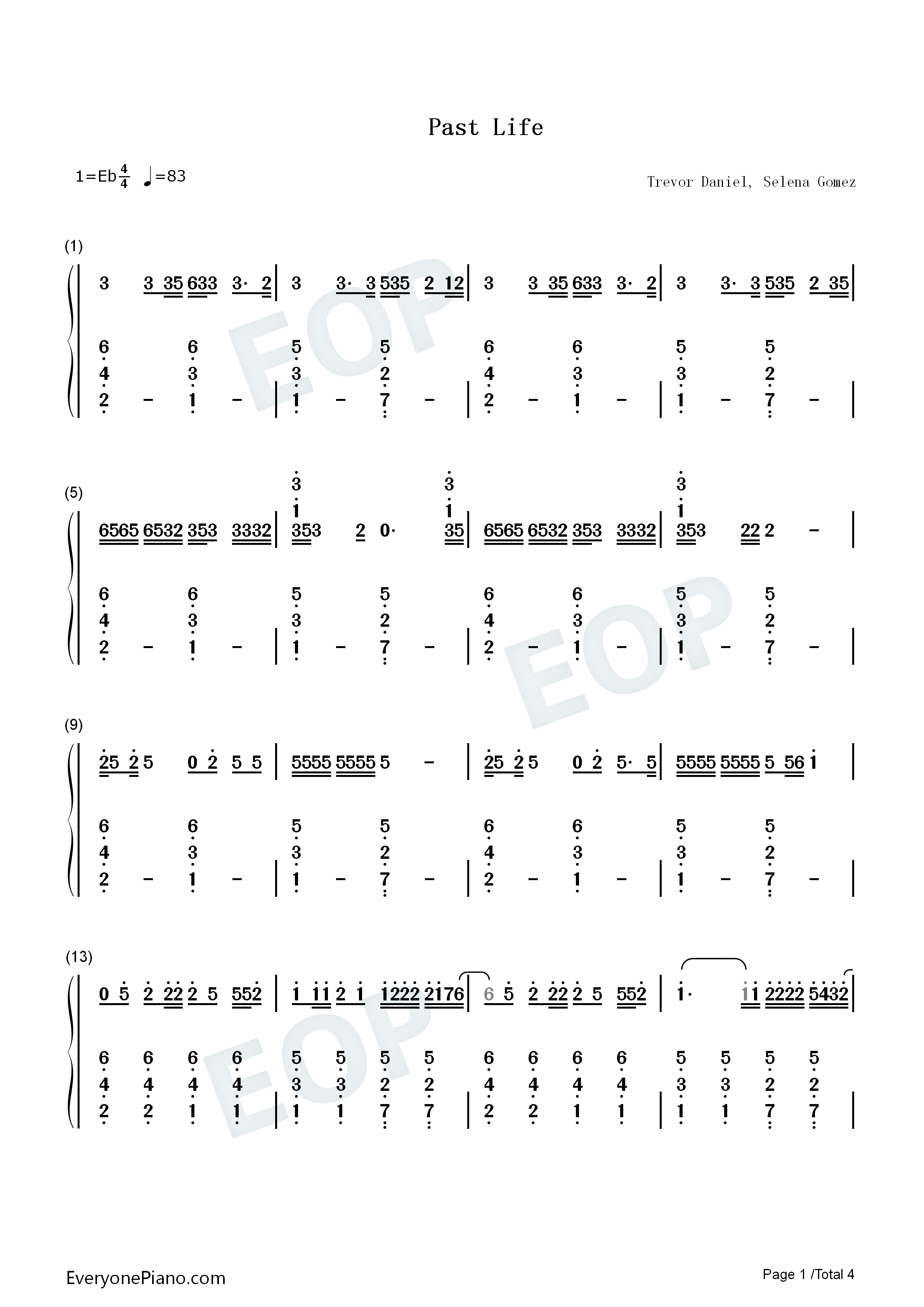 Past_Life钢琴简谱_Trevor_Daniel_Selena_Gomez演唱