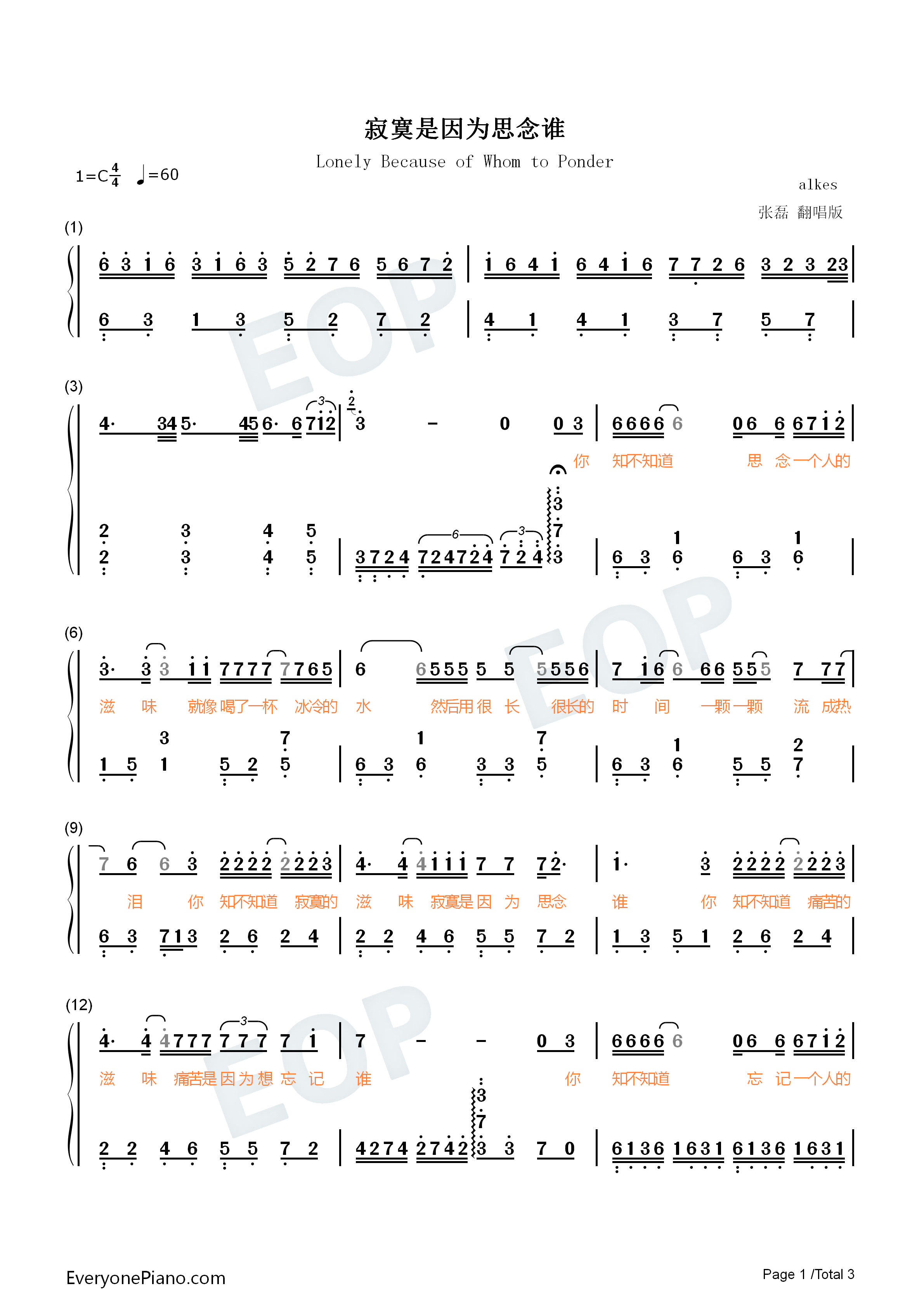 寂寞是因为思念谁钢琴简谱_张磊_景岗山演唱