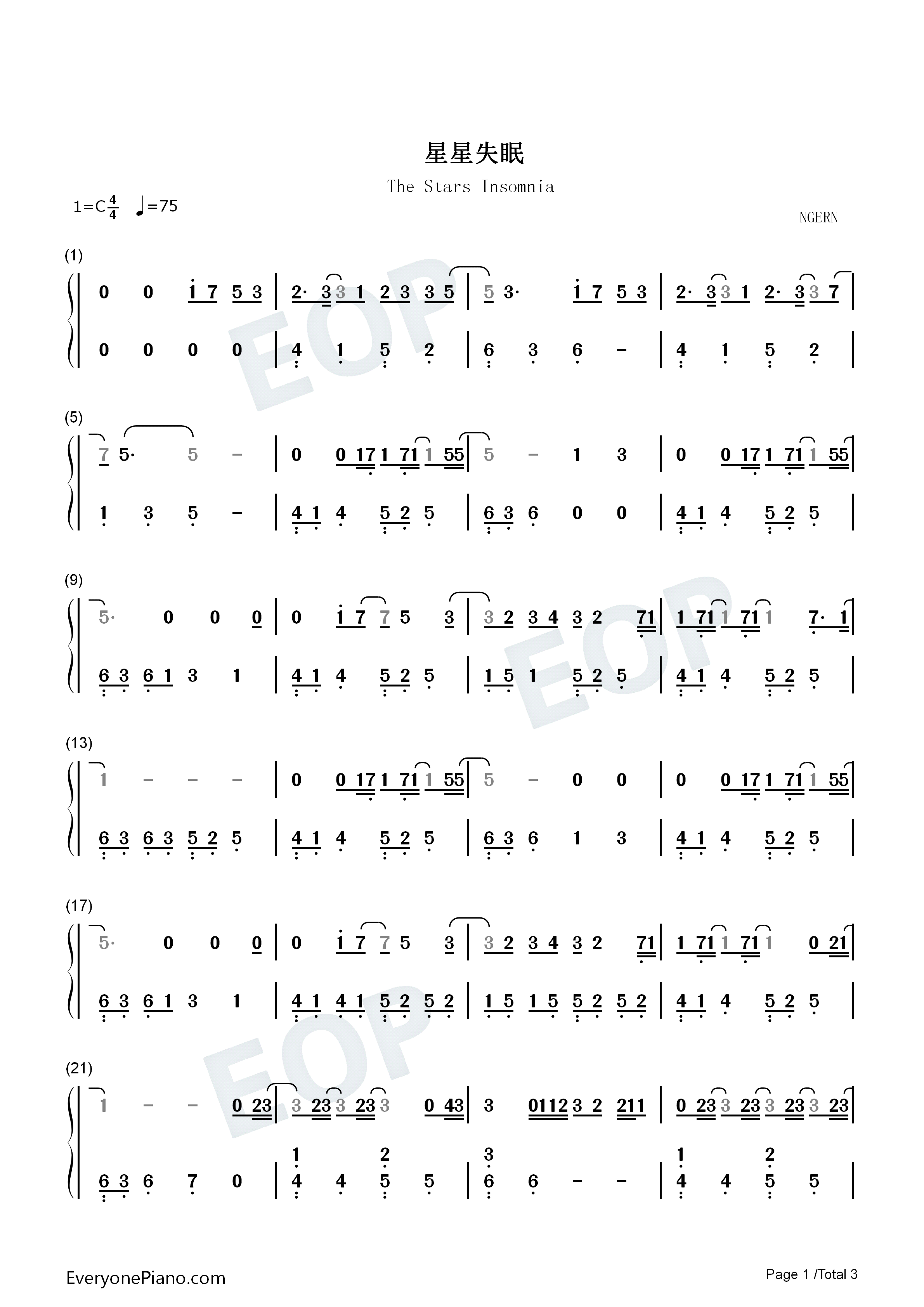 星星失眠钢琴简谱_哈利Halleeee演唱