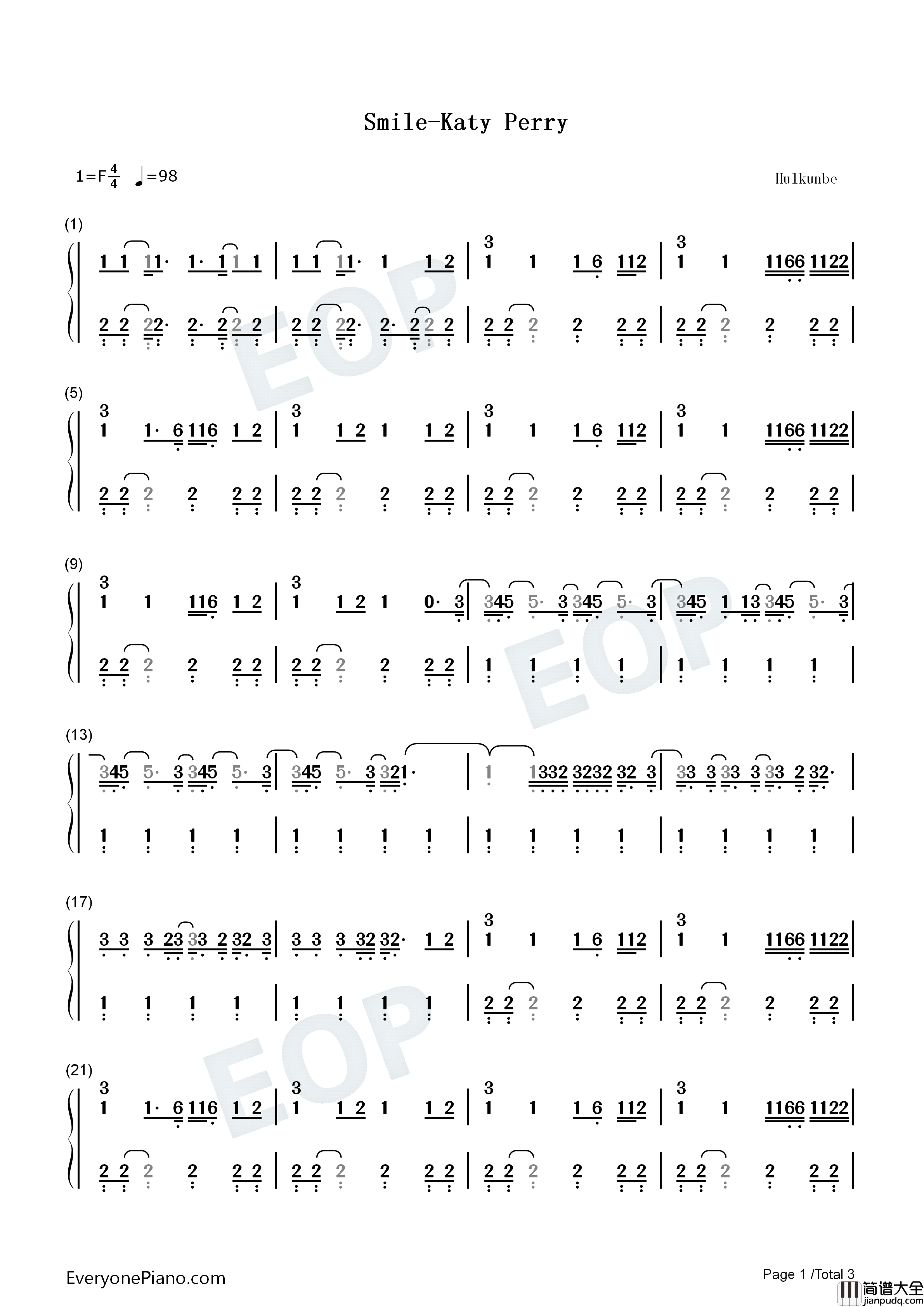 Smile钢琴简谱_Katy_Perry演唱