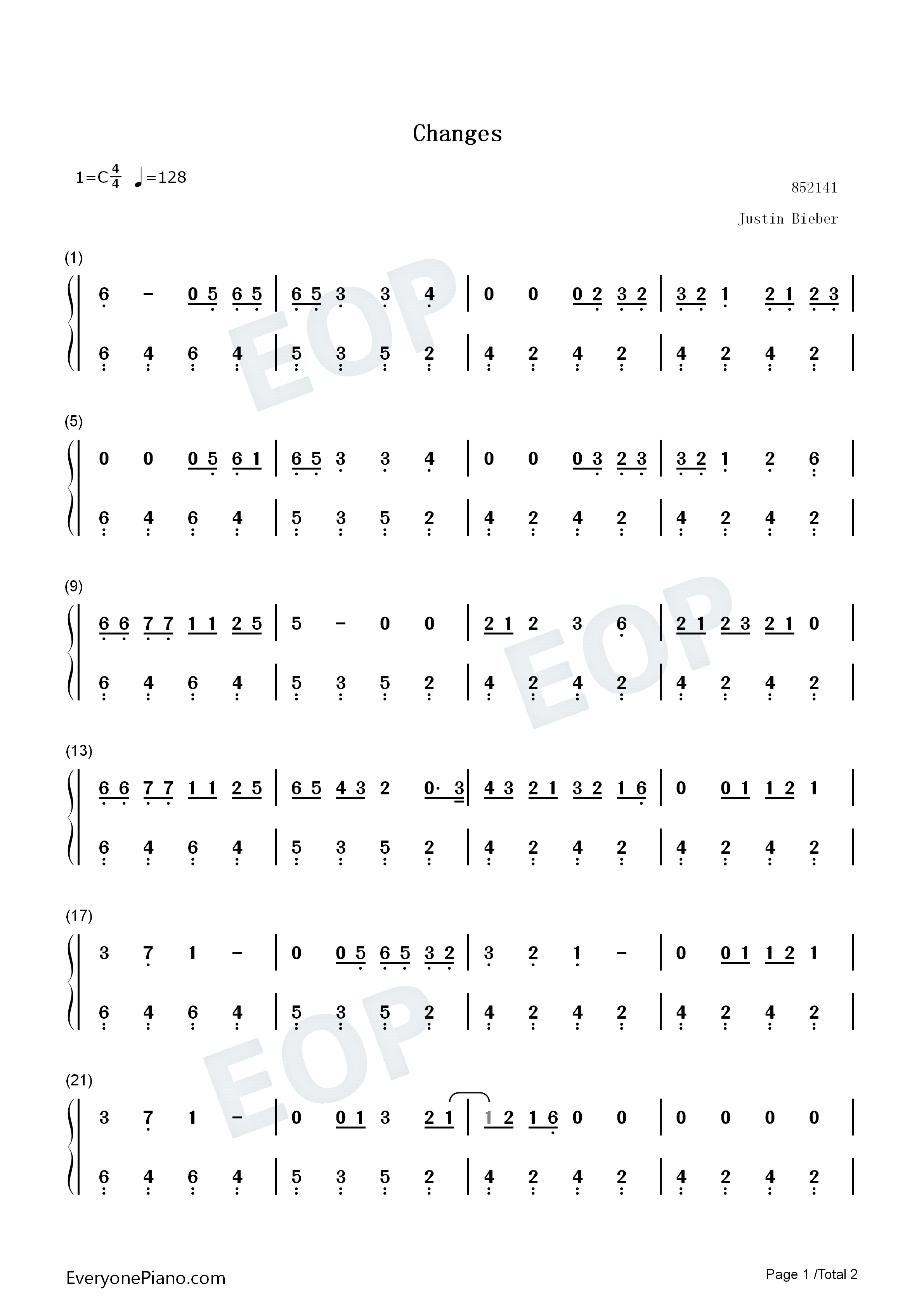 Changes钢琴简谱_Justin_Bieber演唱