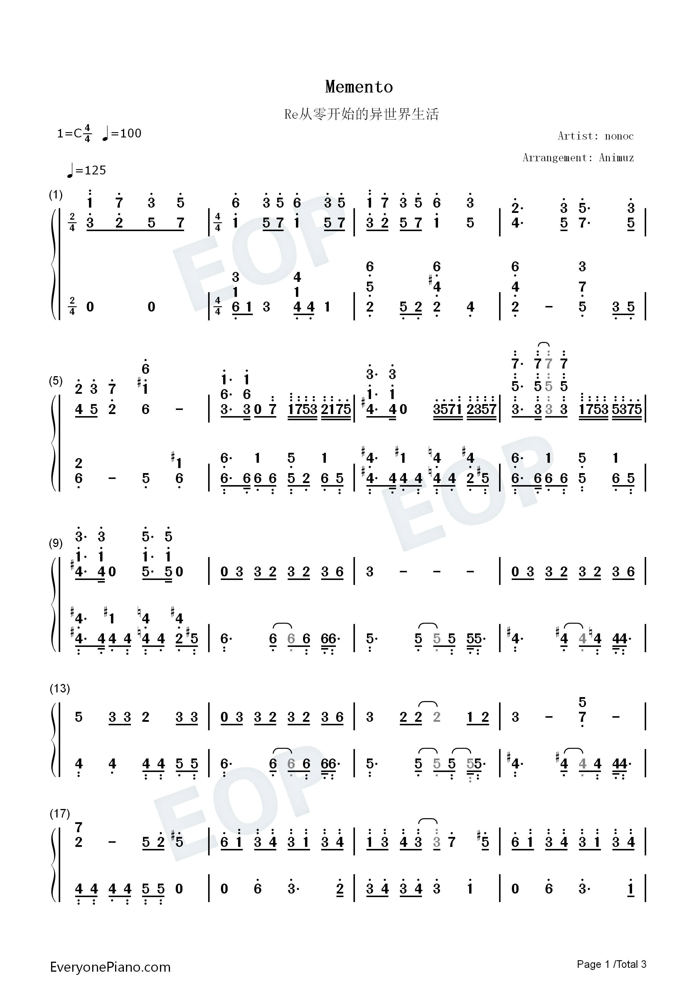 Memento钢琴简谱_Nonoc演唱