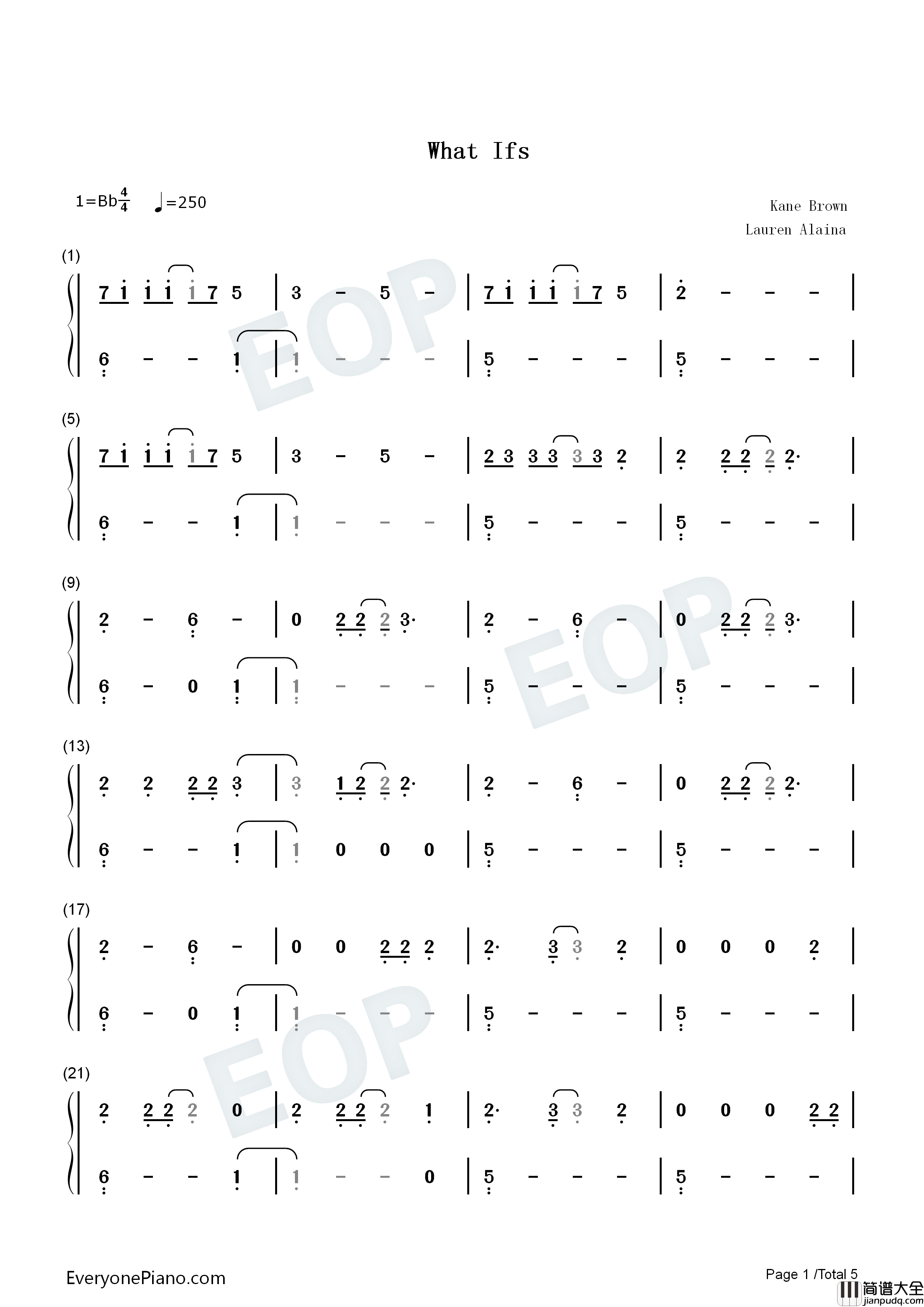 What_Ifs钢琴简谱_Kane_Brown_Lauren_Alaina演唱
