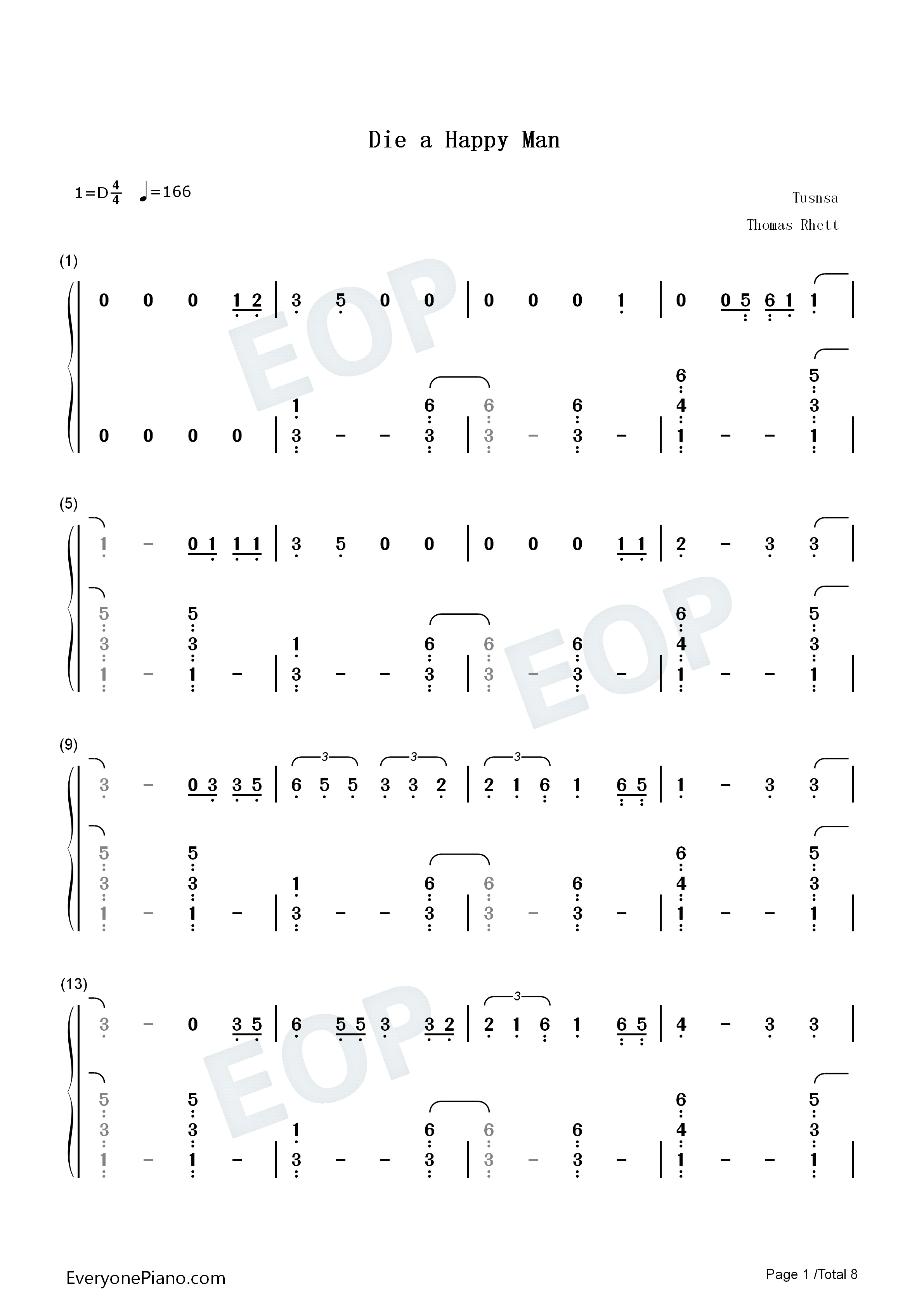 Die_a_Happy_Man钢琴简谱_Thomas_Rhett演唱