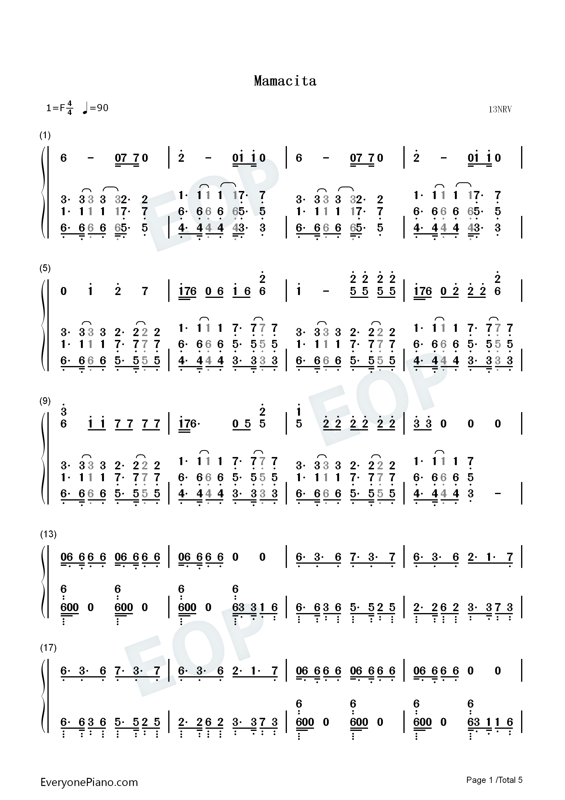 Mamacita钢琴简谱_Black_Eyed_Peas_Ozuna_J._Rey_Soul演唱