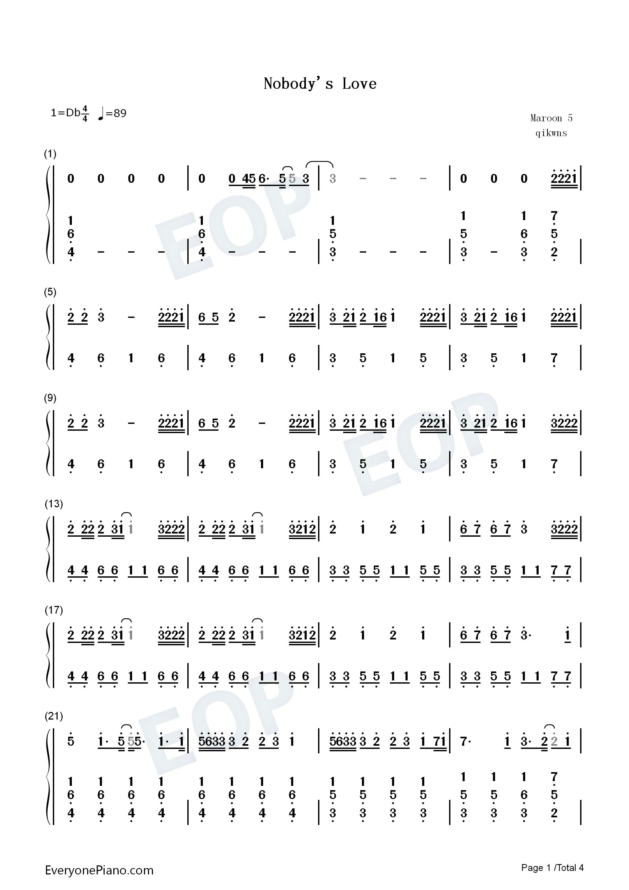 Nobodys_Love钢琴简谱_Maroon_5演唱