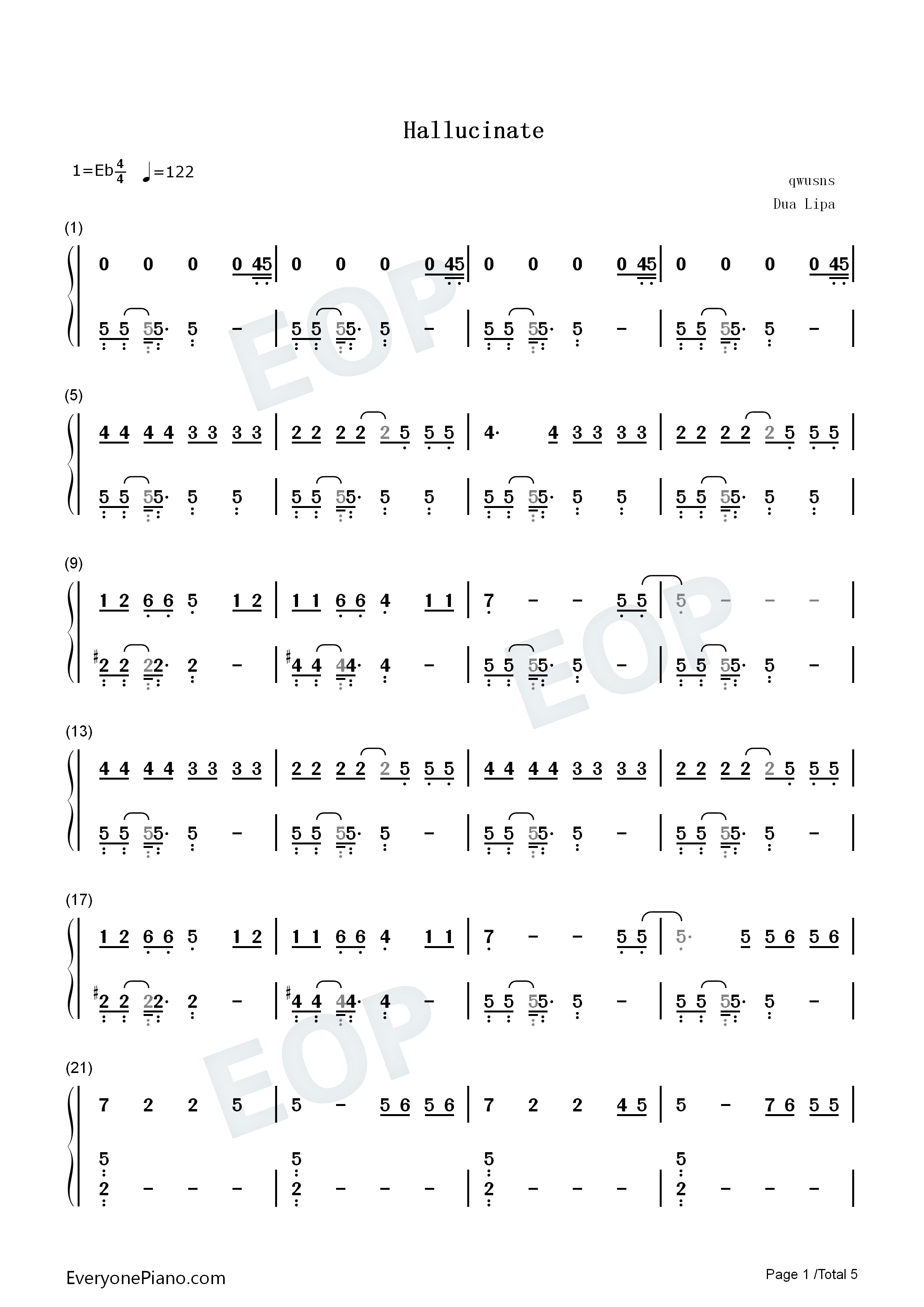 Hallucinate钢琴简谱_Dua_Lipa演唱