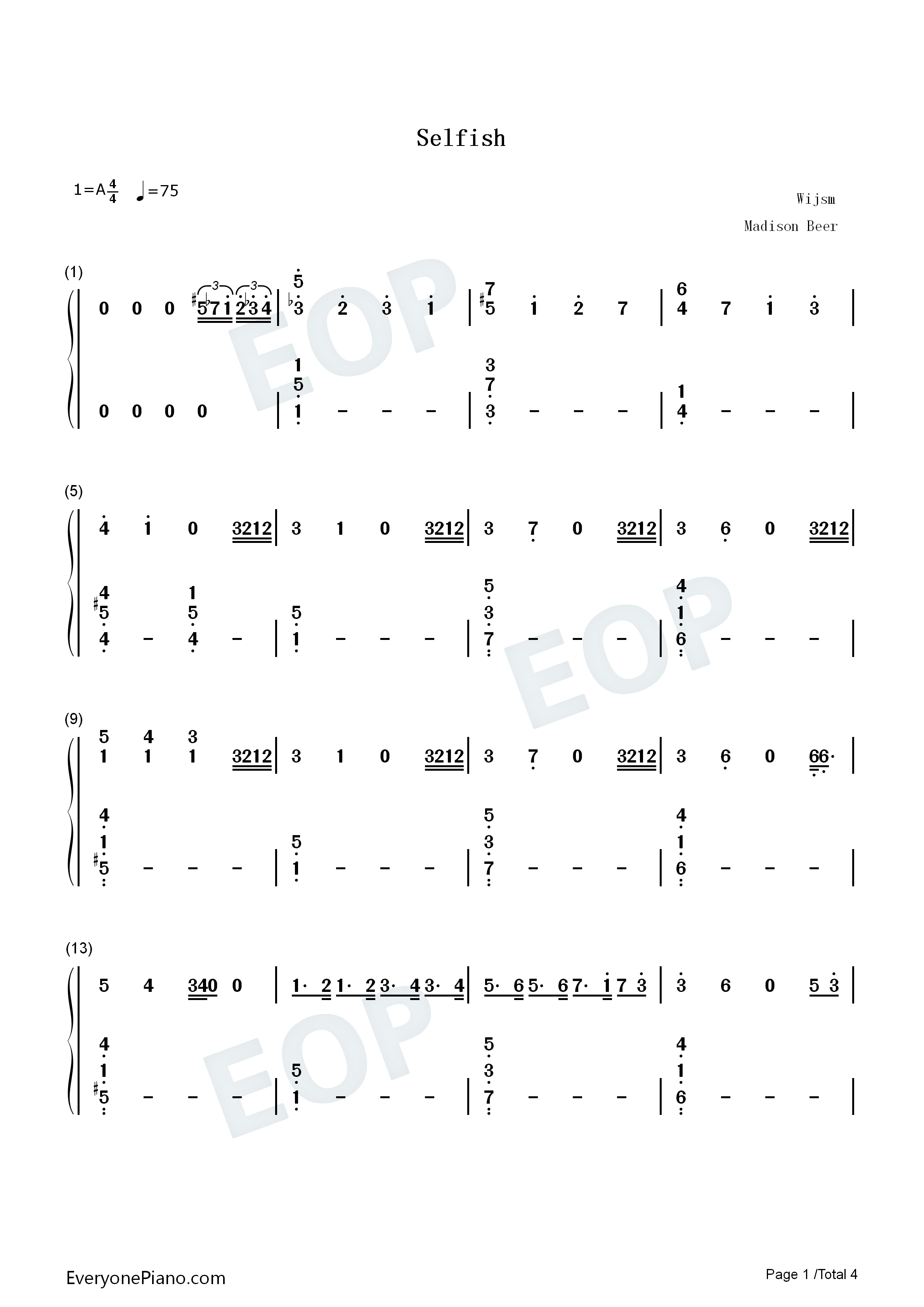 Selfish钢琴简谱_Madison_Beer演唱