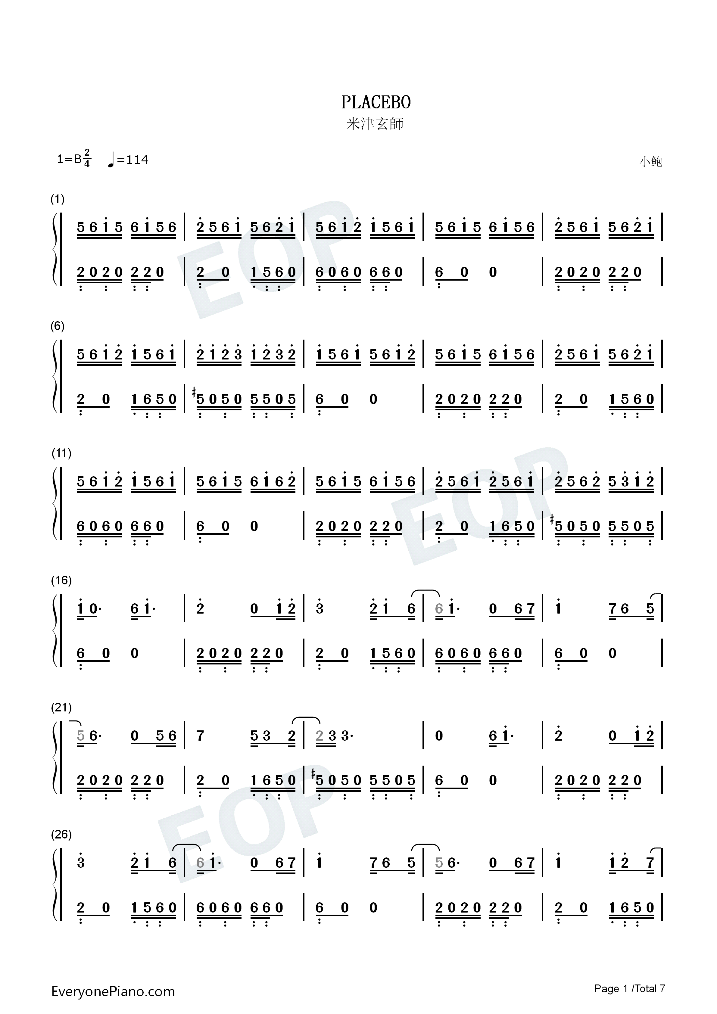 PLACEBO钢琴简谱_米津玄師_野田洋次郎演唱