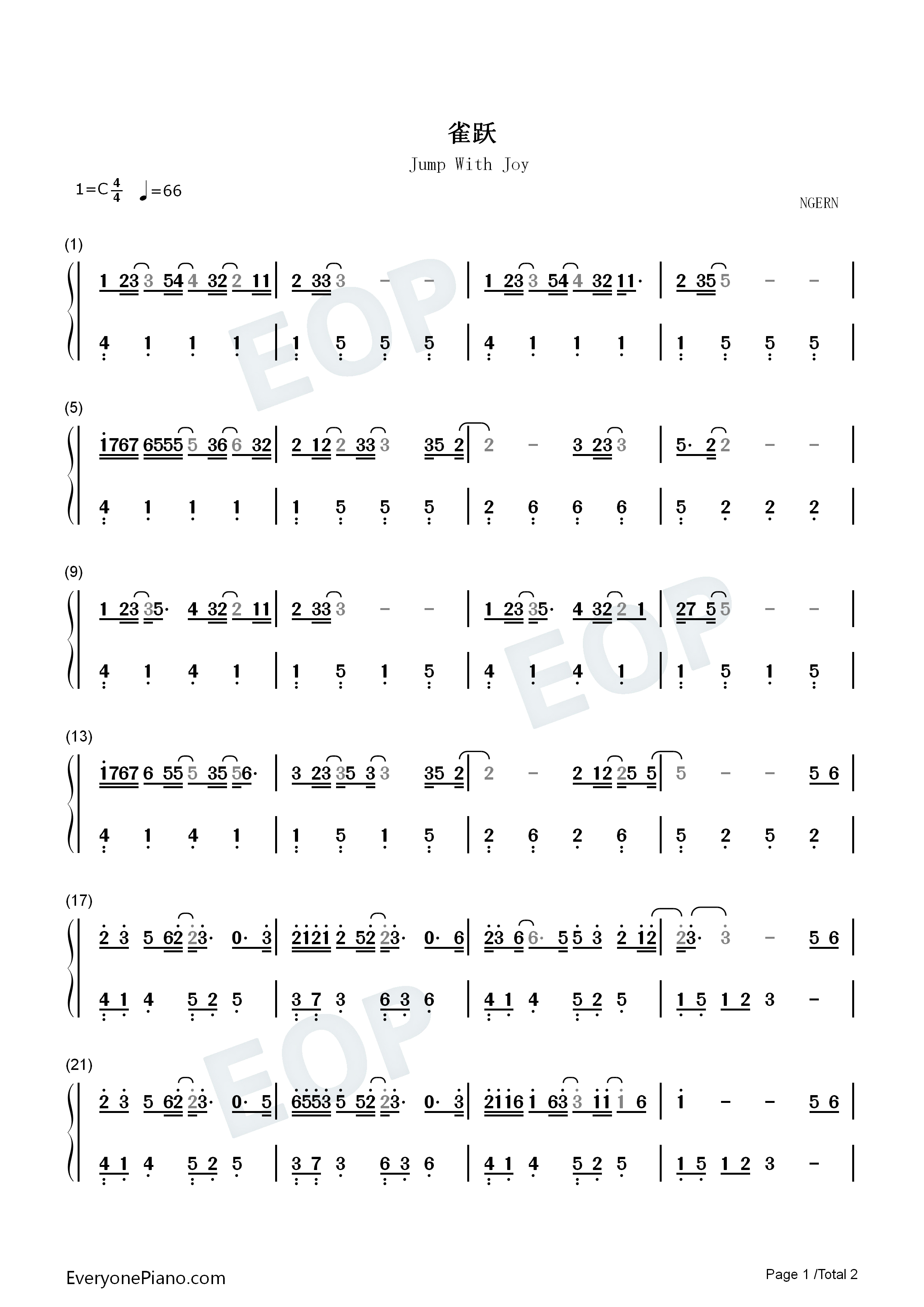 雀跃钢琴简谱_任然_小来哥演唱