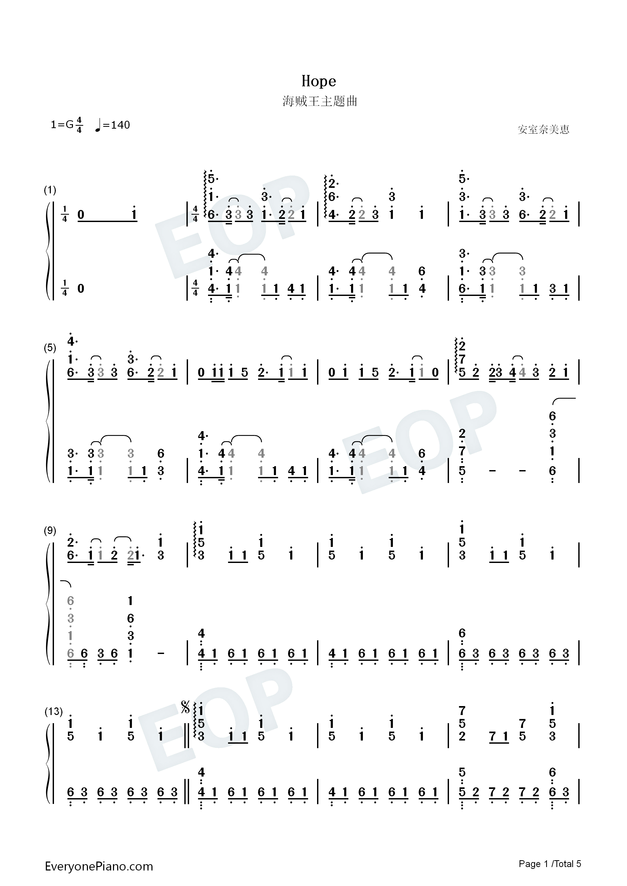 Hope钢琴简谱_安室奈美惠演唱