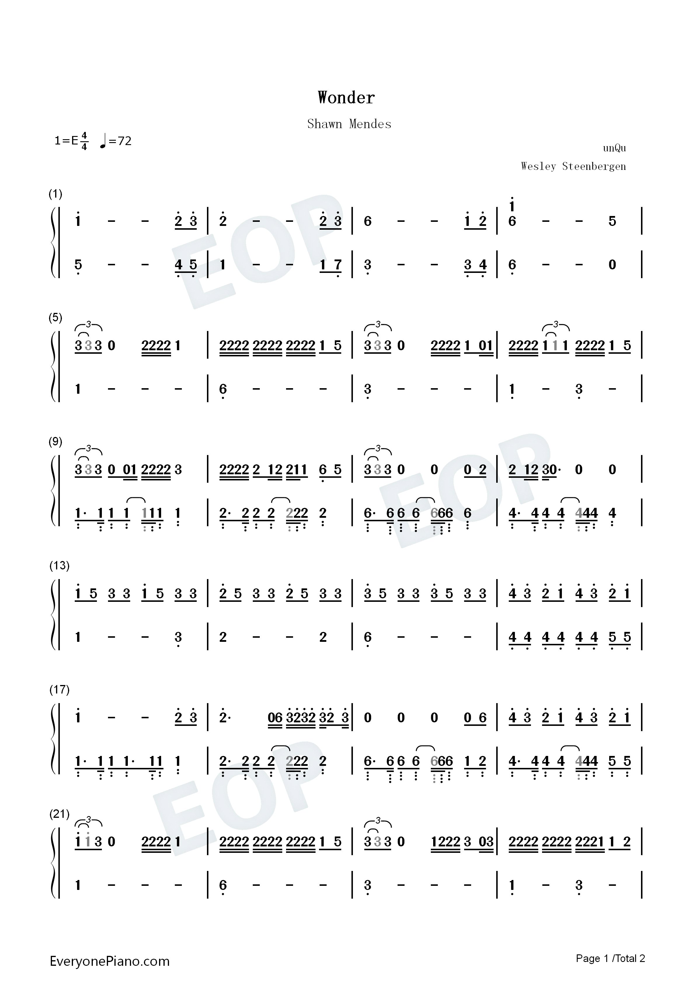 Wonder钢琴简谱_Shawn_Mendes演唱