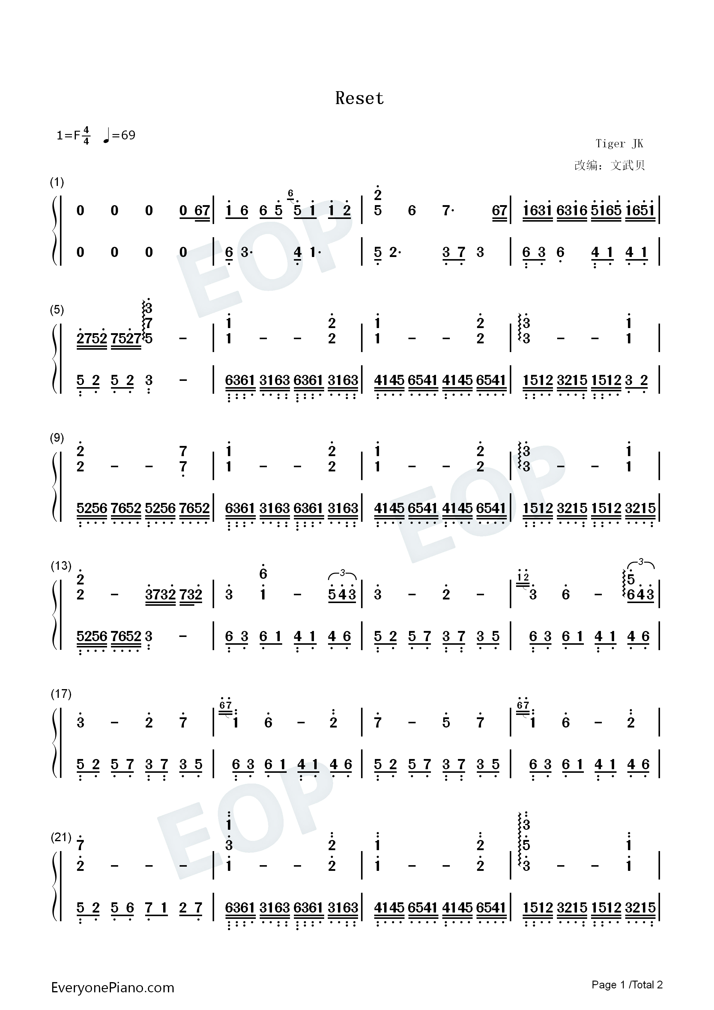 Reset钢琴简谱_Tiger_JK演唱